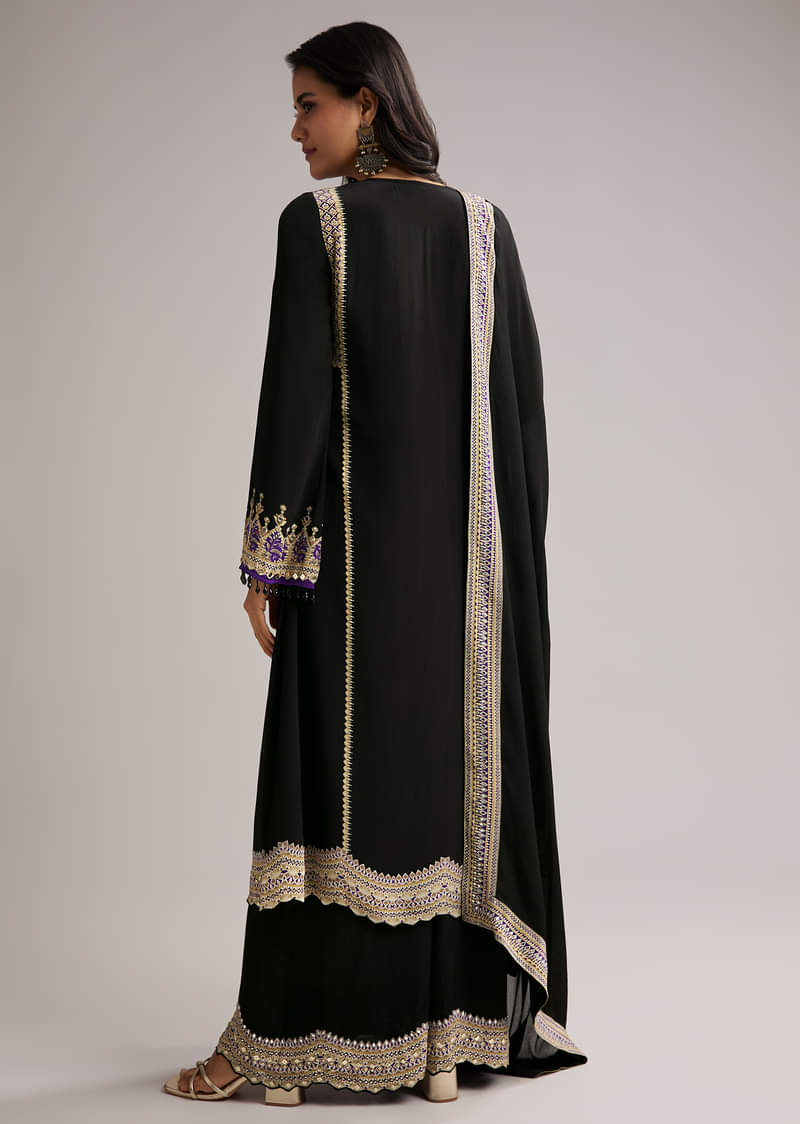 Black Printed Kurta Palazzo Set With Dupatta - Image 5