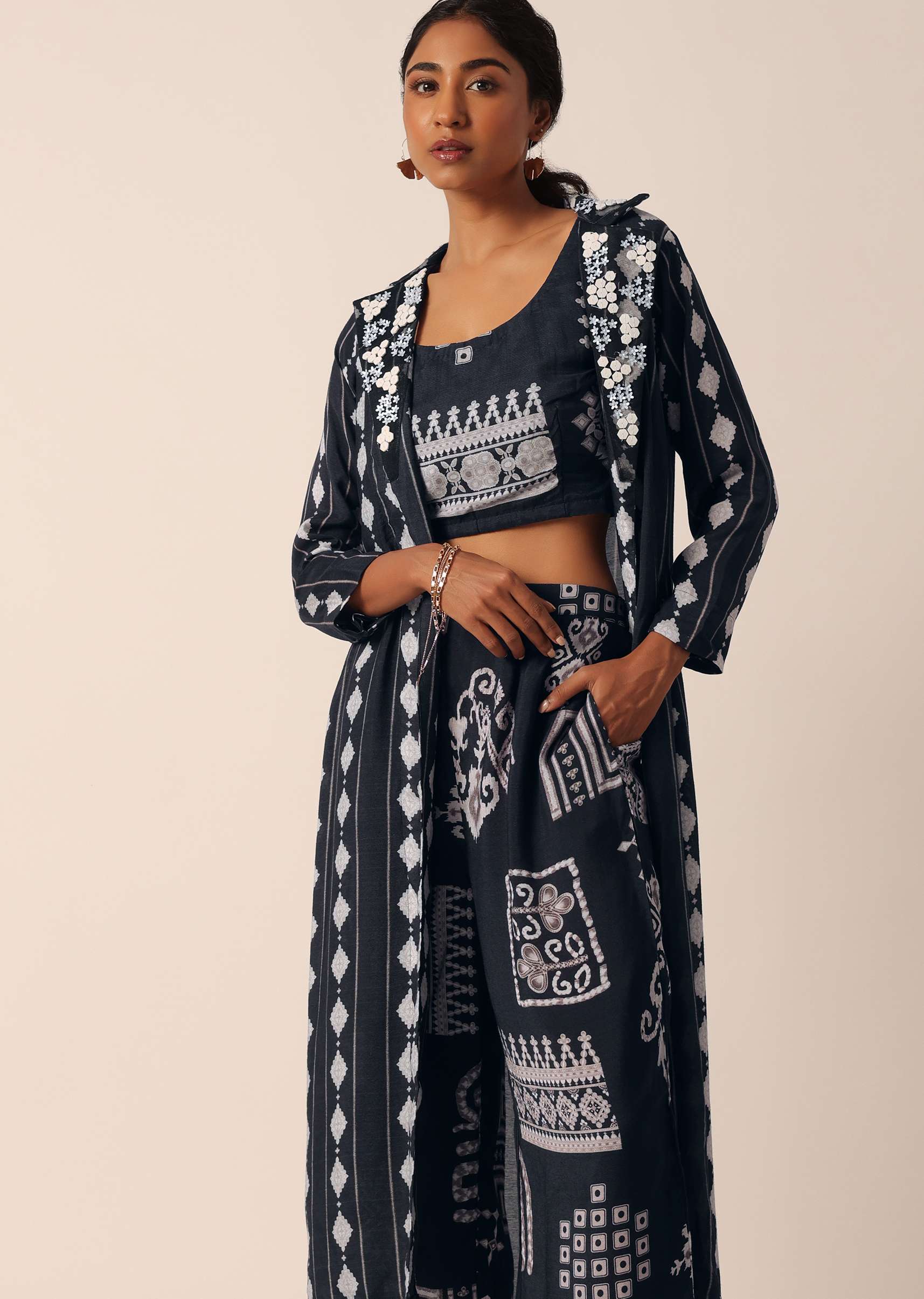 Black Printed Long Jacket And Pant Set In Cotton - Image 5