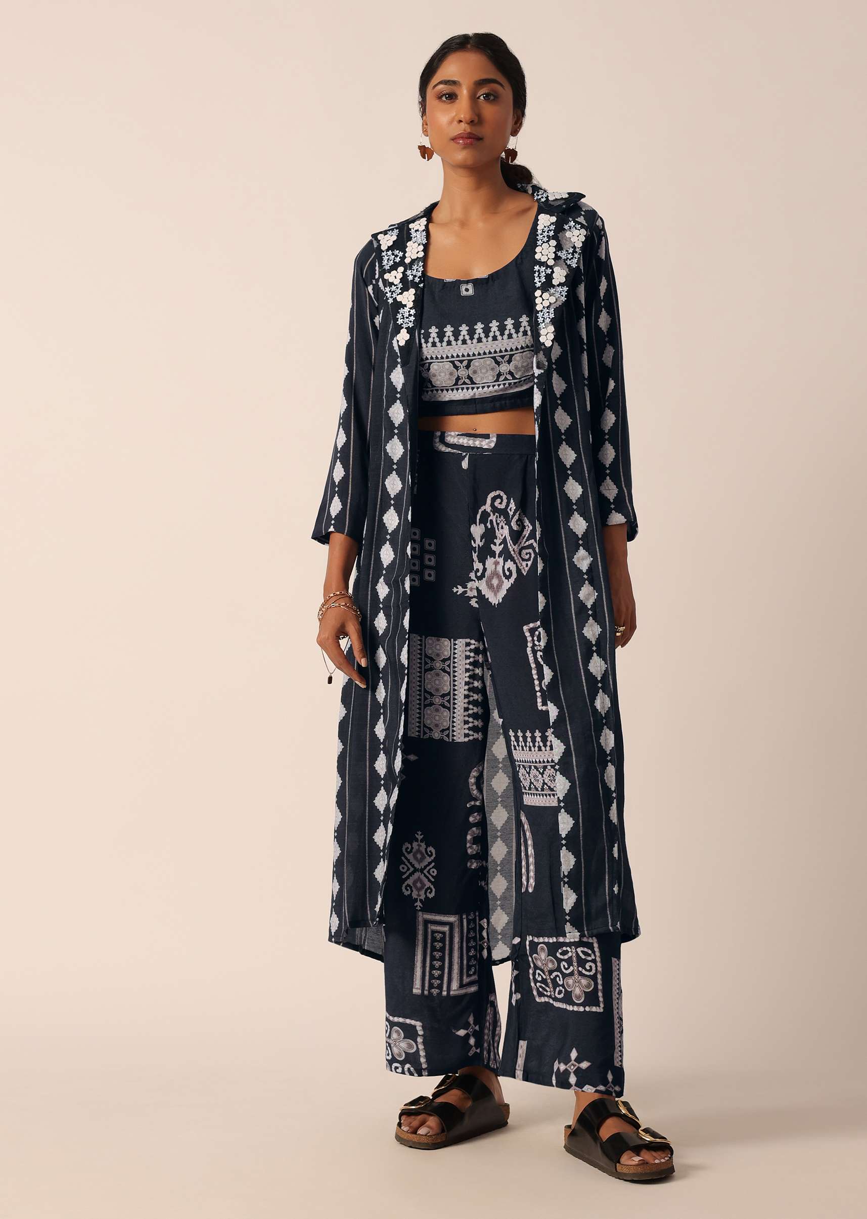 Black Printed Long Jacket And Pant Set In Cotton - Image 8