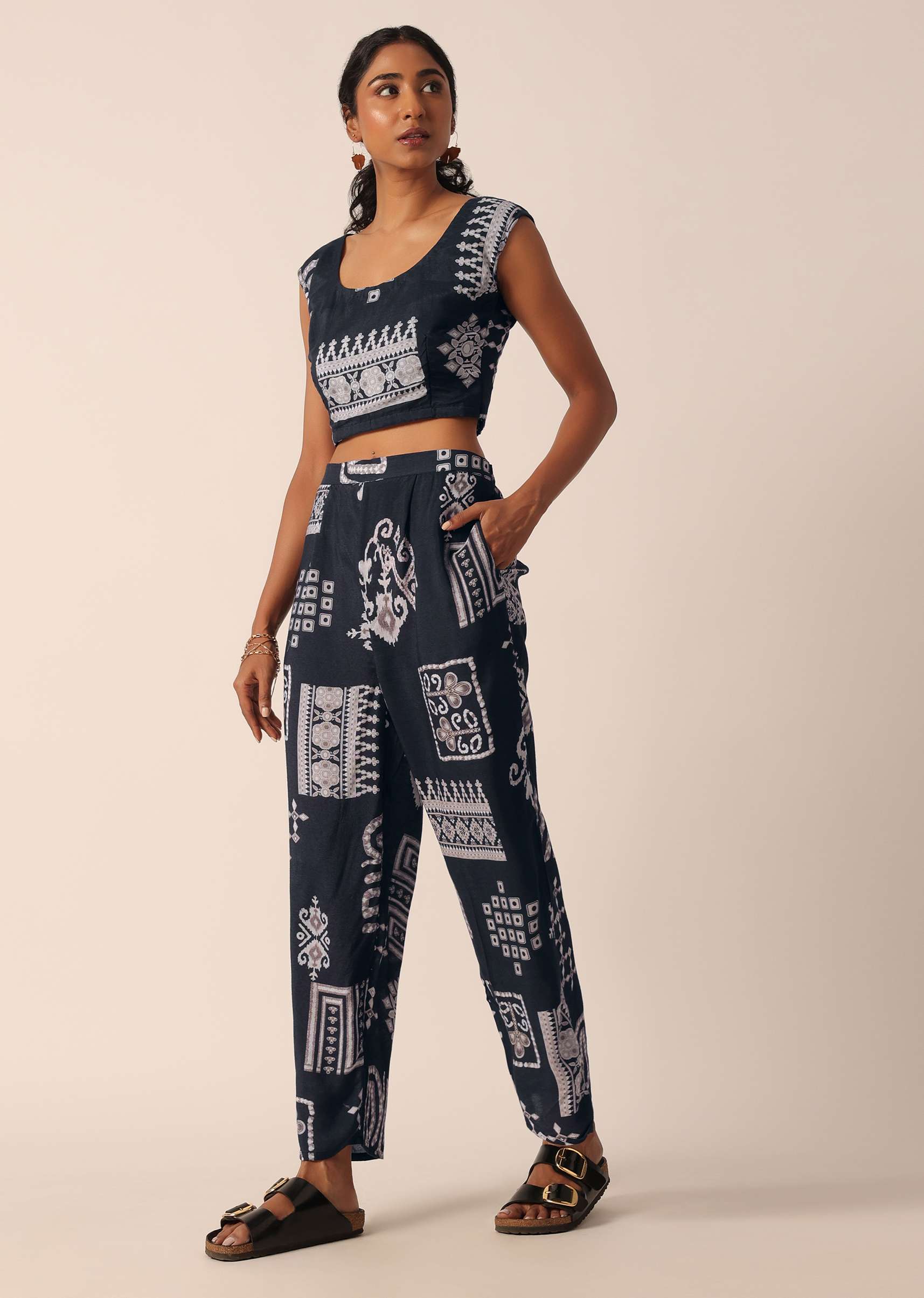 Black Printed Long Jacket And Pant Set In Cotton - Image 9