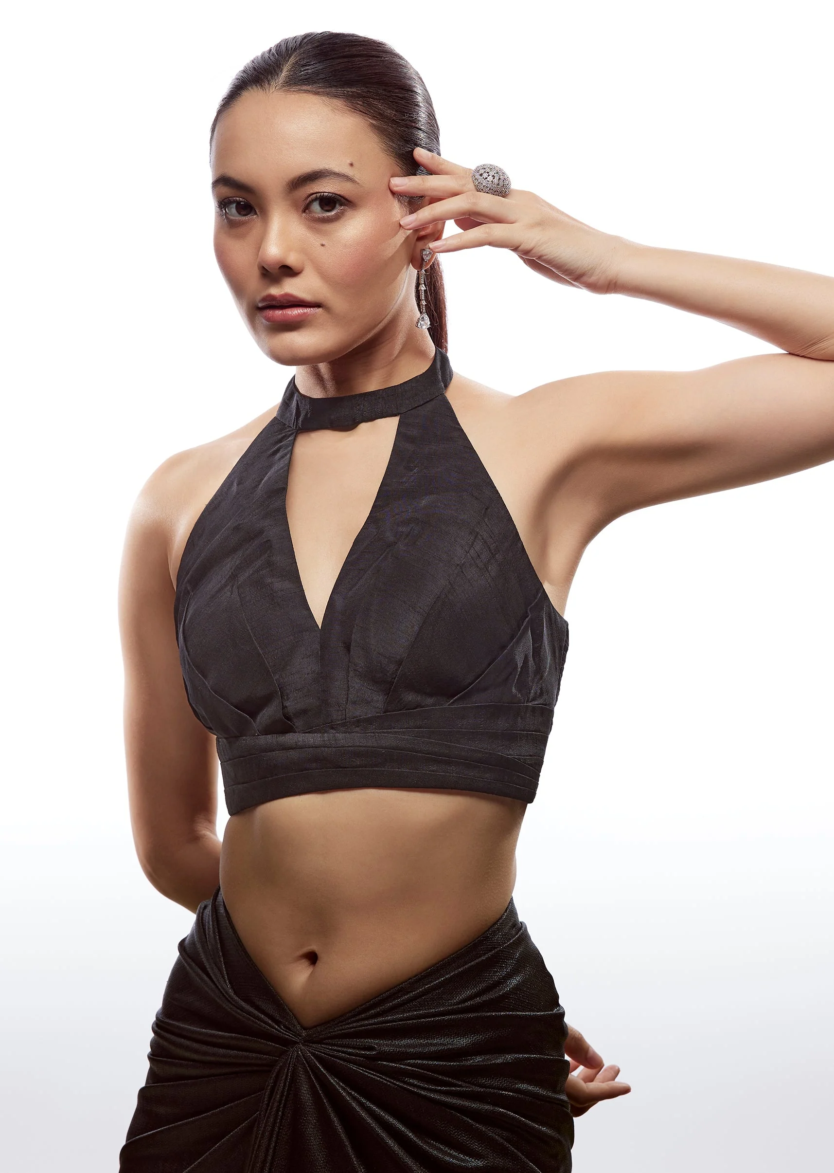 Black Raw Silk High Neck Blouse - Image 3