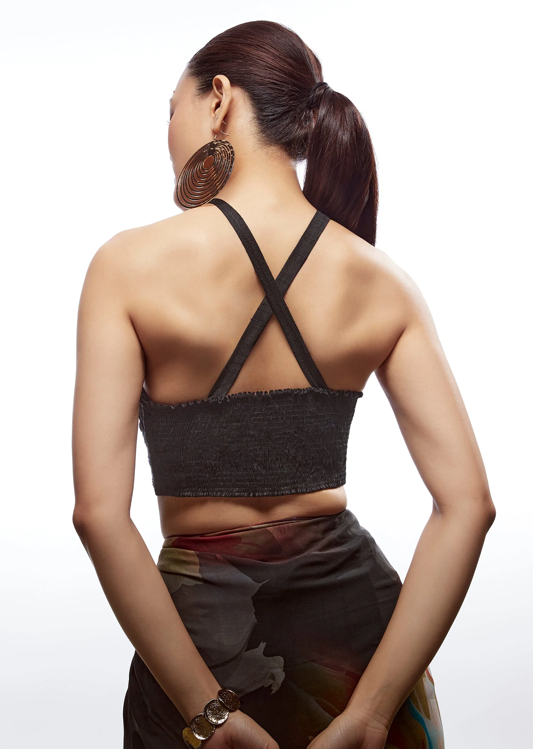 Black Raw Silk Round Neck Blouse - Image 2