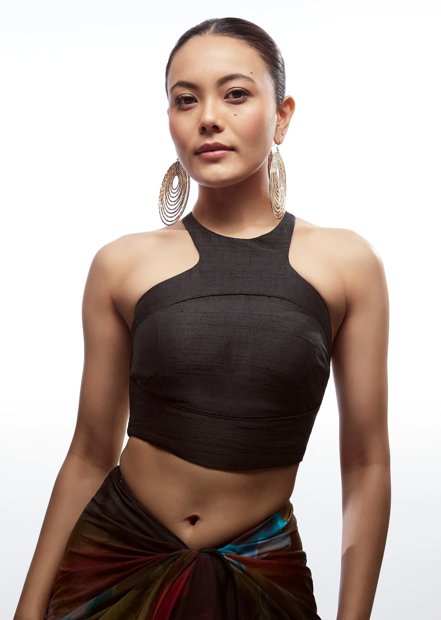 Black Raw Silk Round Neck Blouse - Image 3