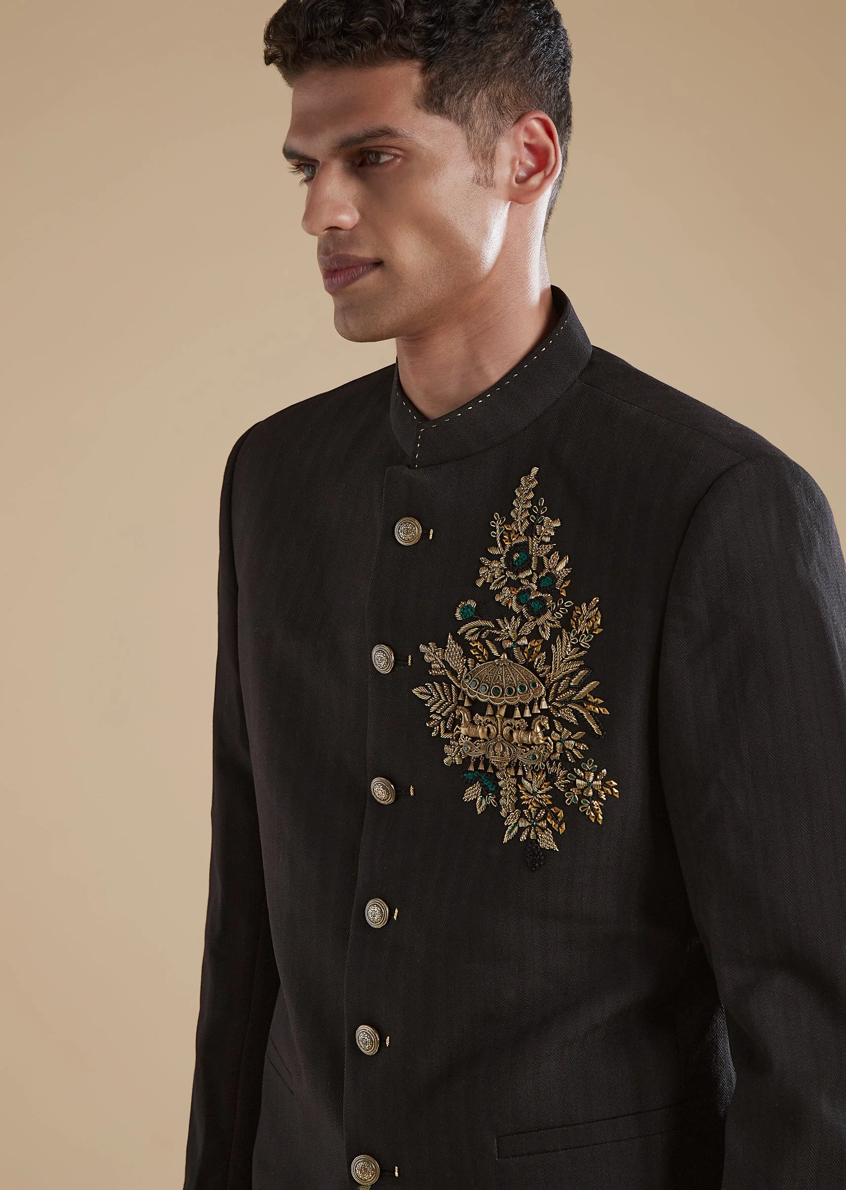 Black Rayon Jodhpuri Set With Metal Zardosi Thread Resham Work - Image 2
