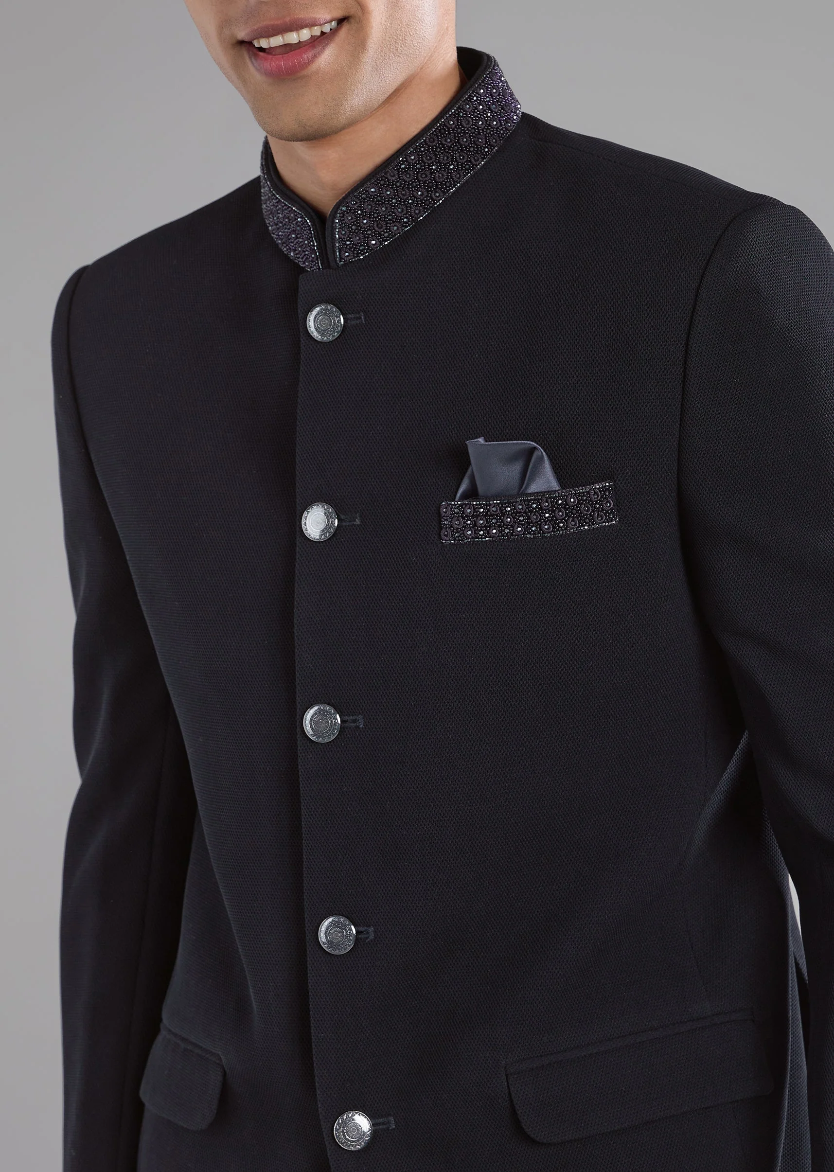Black Rayon Jodhpuri Set with Stone Work - Image 2