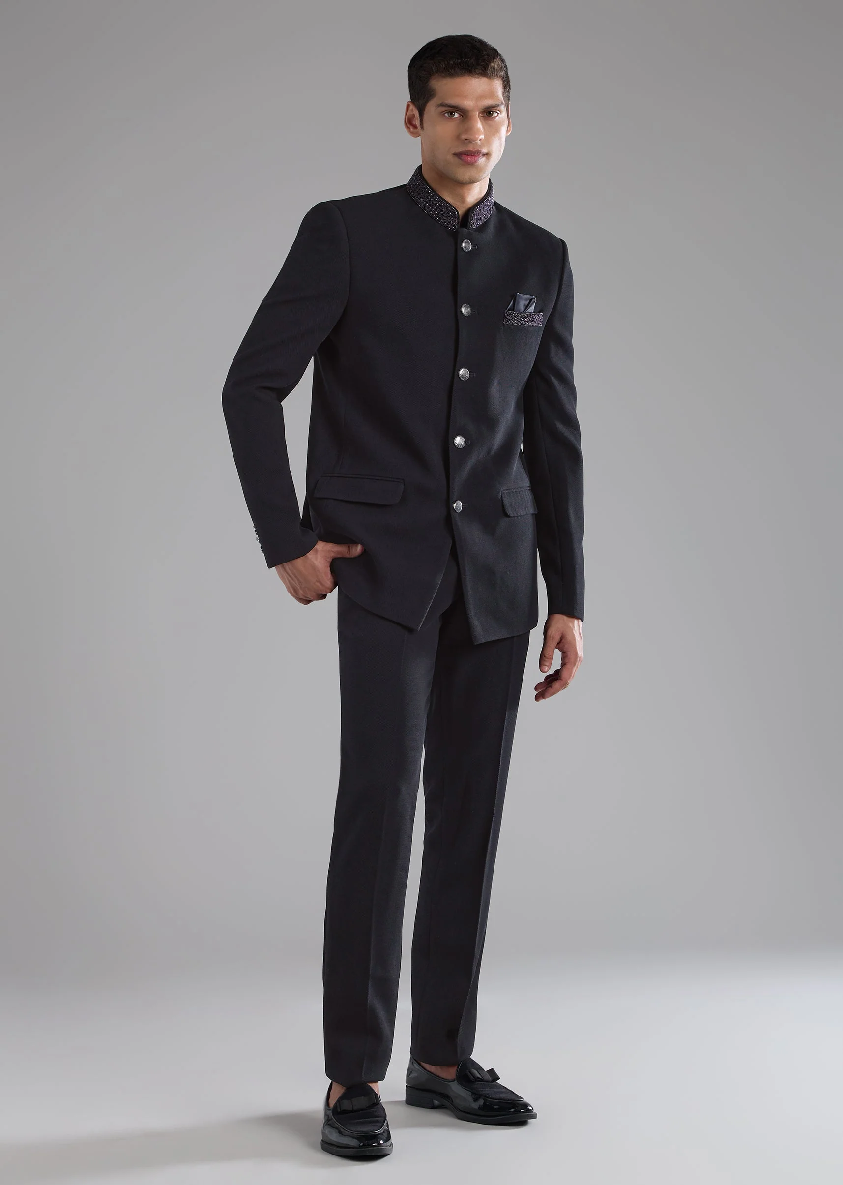 Black Rayon Jodhpuri Set with Stone Work - Image 3
