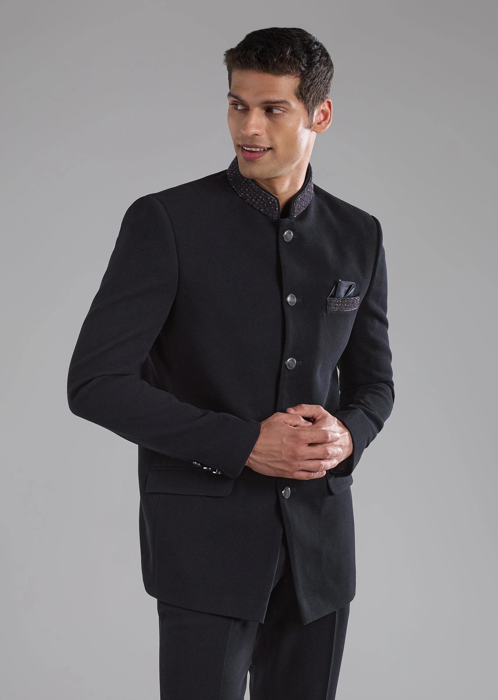 Black Rayon Jodhpuri Set with Stone Work - Image 4