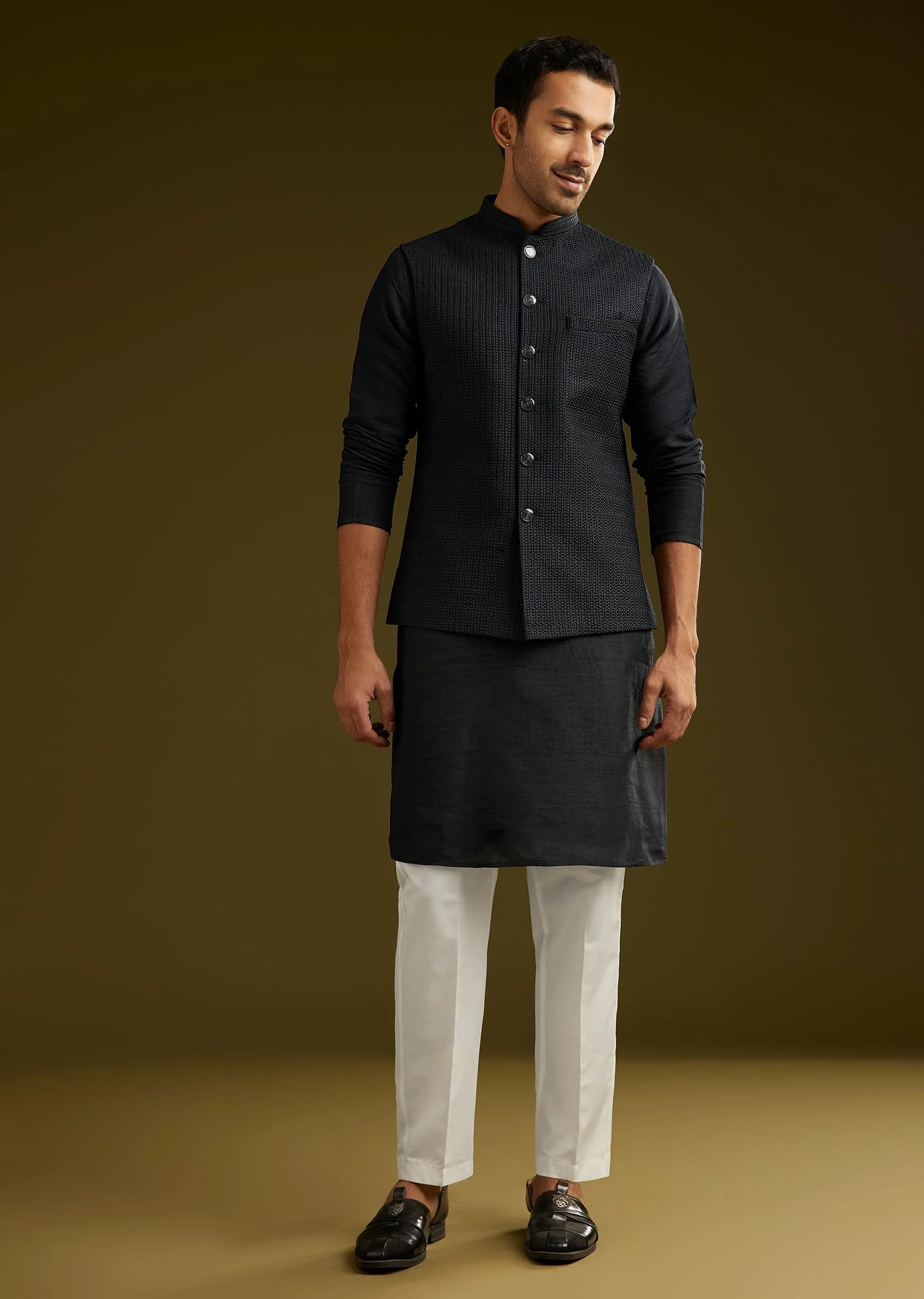 Black Rayon Kurta Jacket Set - Image 3
