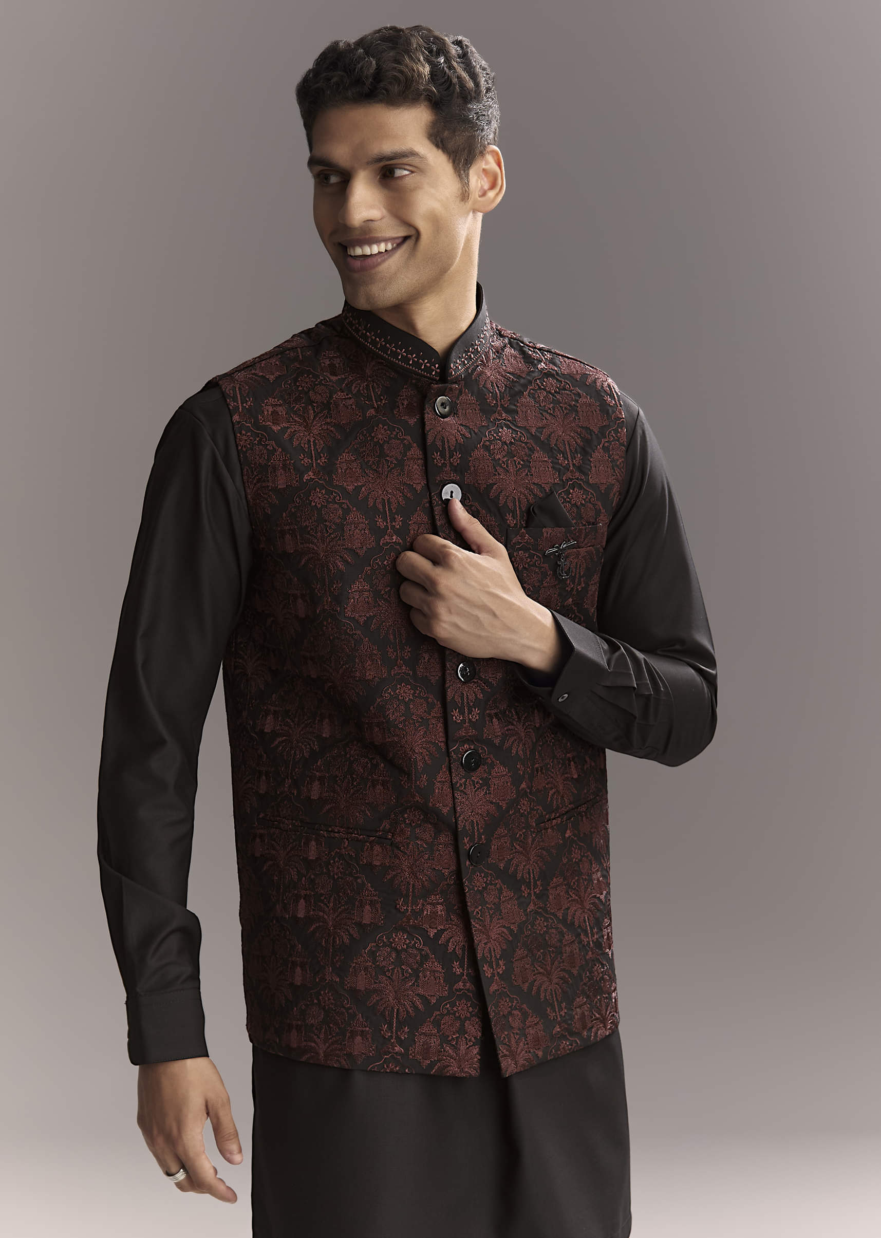 Black Rayon Kurta Jacket Set For Men With Intricate Resham Work - Image 4