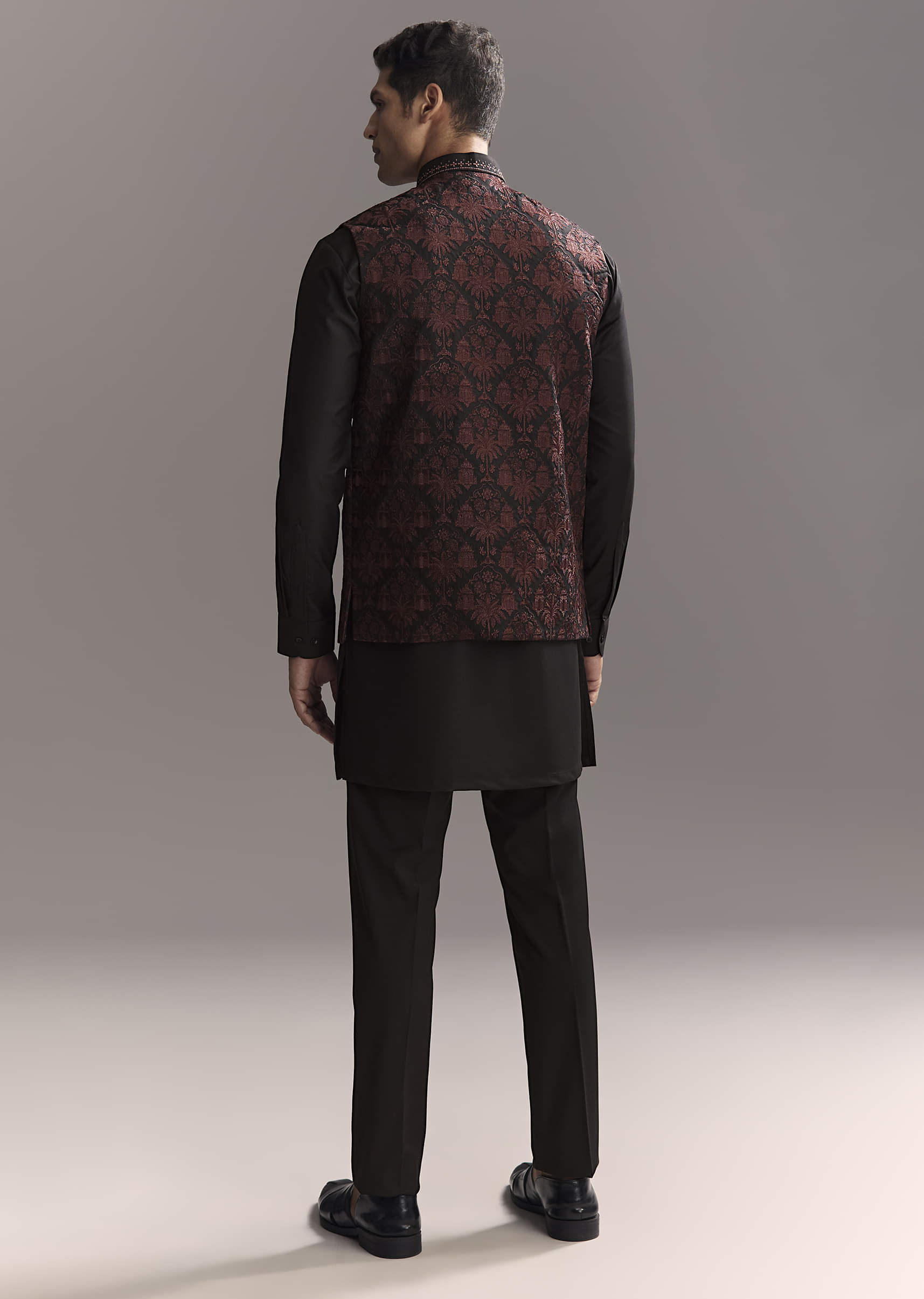 Black Rayon Kurta Jacket Set For Men With Intricate Resham Work - Image 5