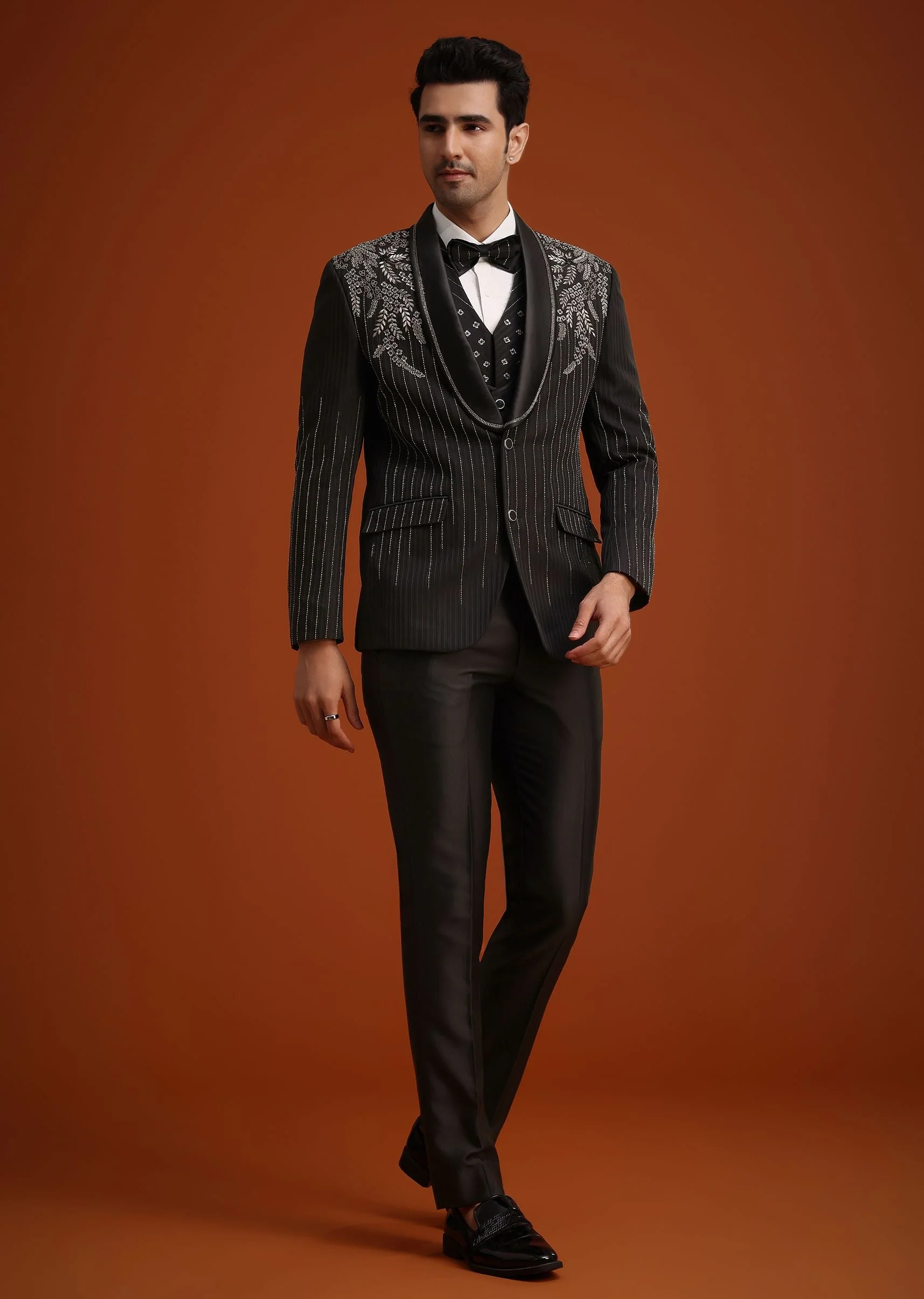 Black Rayon Tuxedo Set With Stone And Cutdana Work - Image 3
