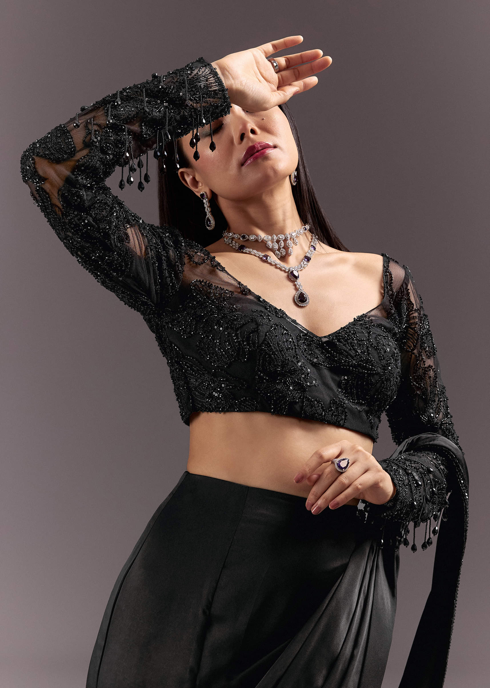 Black Ready Drape Slit Saree With Full Sleeve Blouse - Image 3