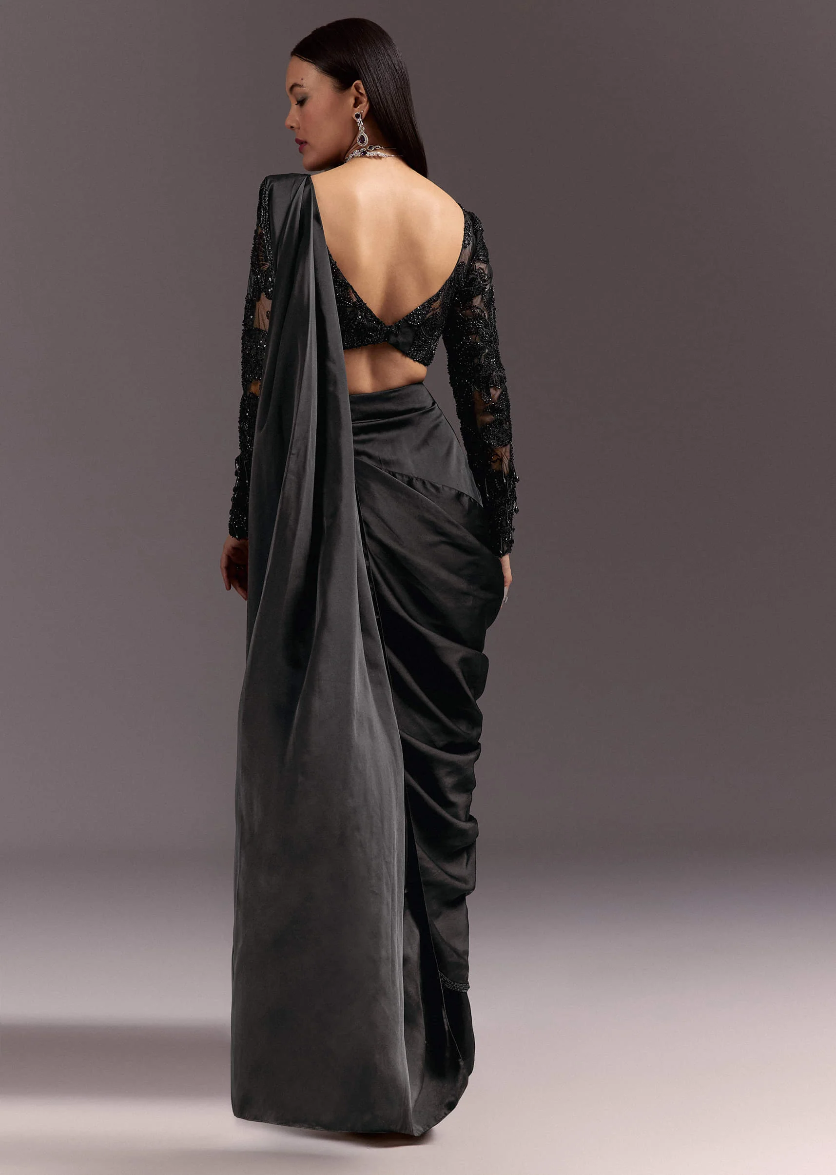 Black Ready Drape Slit Saree With Full Sleeve Blouse - Image 5