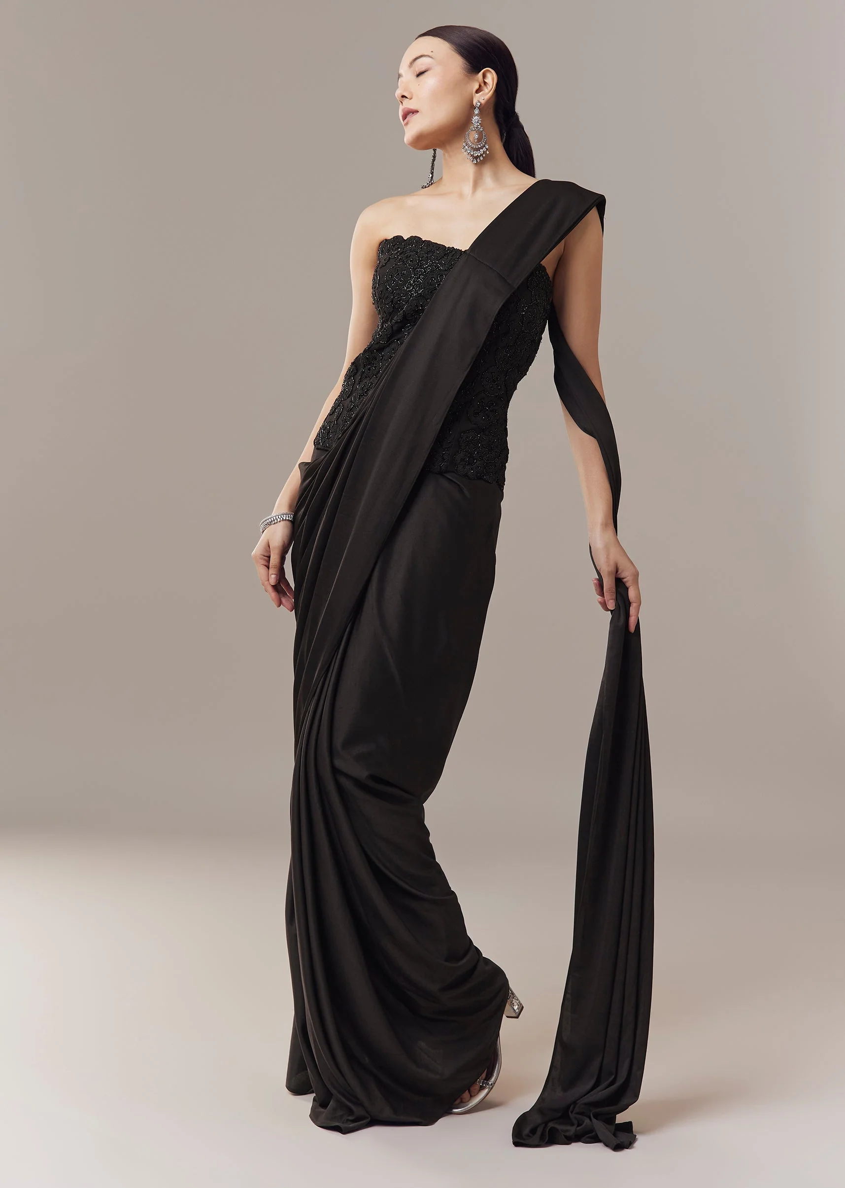 Black Ready Pleated Corset Saree With Thread And Cut Dana Work - Image 3