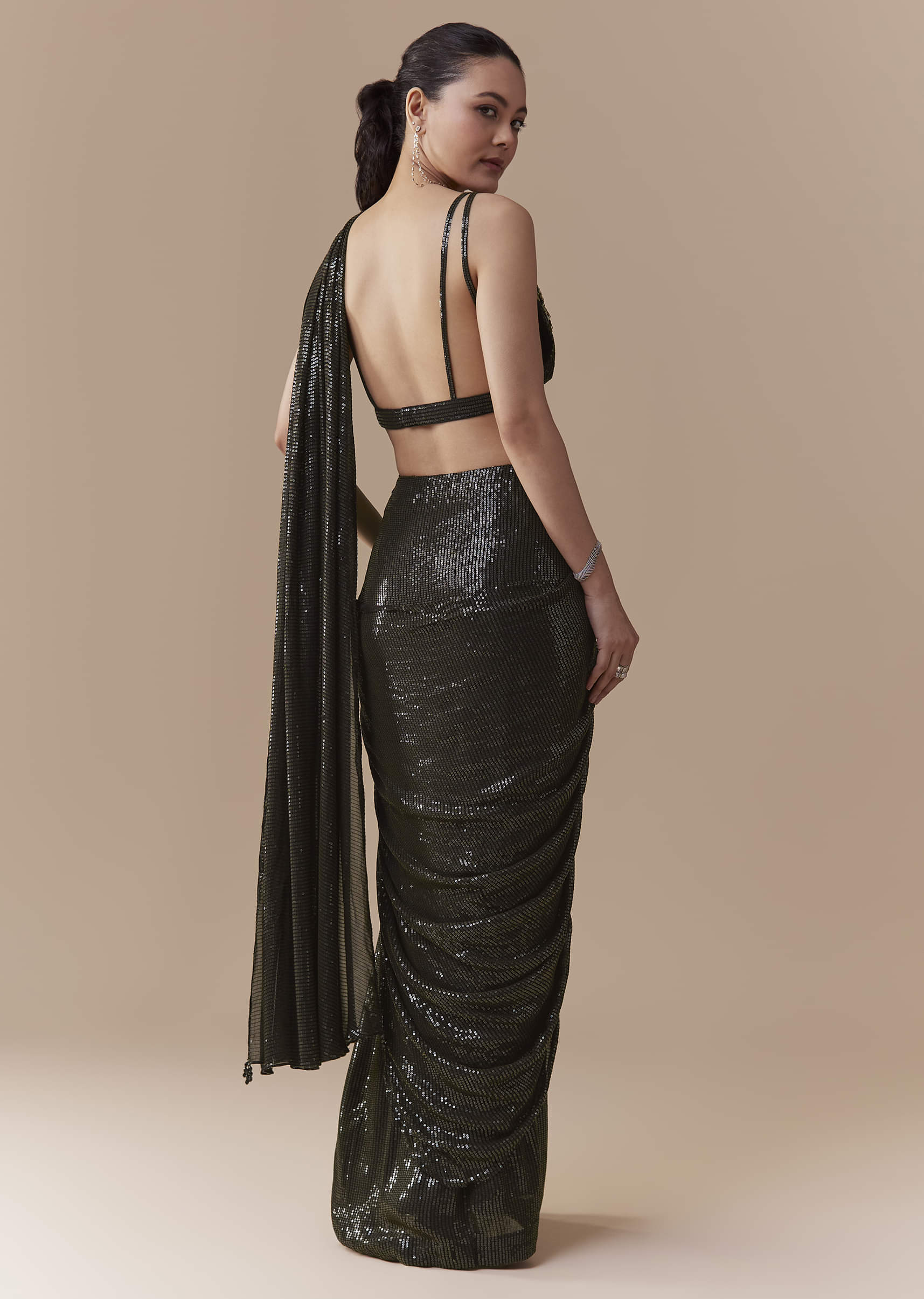 Black Ready Pleated Georgette Saree with Sequin Wor Blouse - Image 5