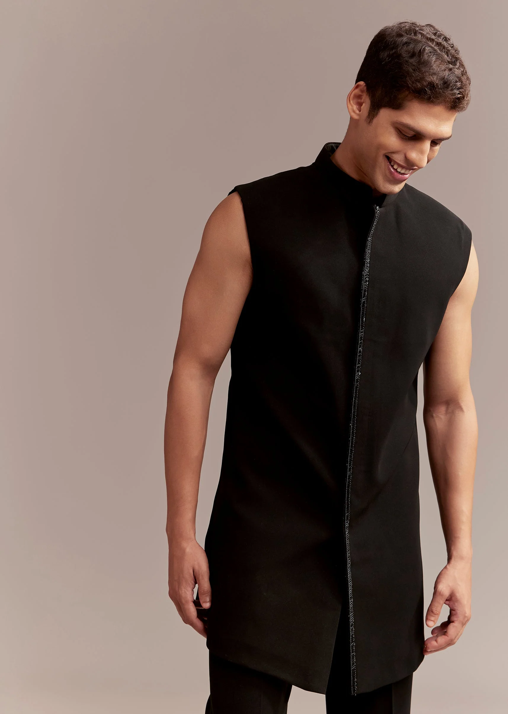 Black Regal Duo – Banarasi Silk Saree For Her And Embroidered Indo Western Set For Him - Image 11
