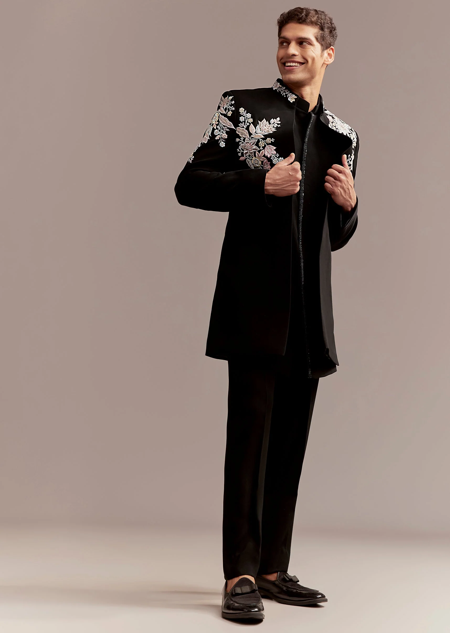 Black Regal Duo – Banarasi Silk Saree For Her And Embroidered Indo Western Set For Him - Image 12