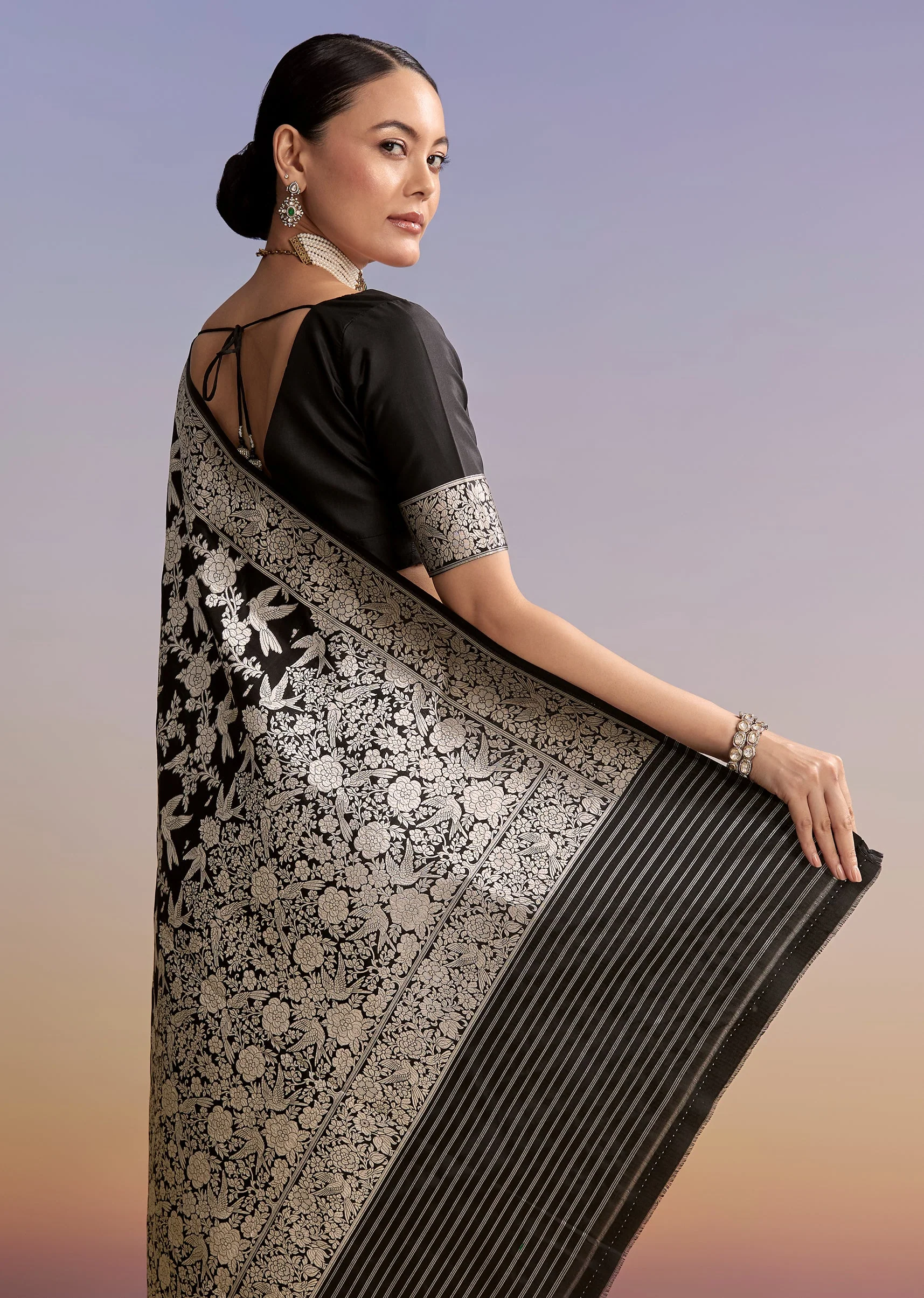 Black Regal Duo – Banarasi Silk Saree For Her And Embroidered Indo Western Set For Him - Image 5