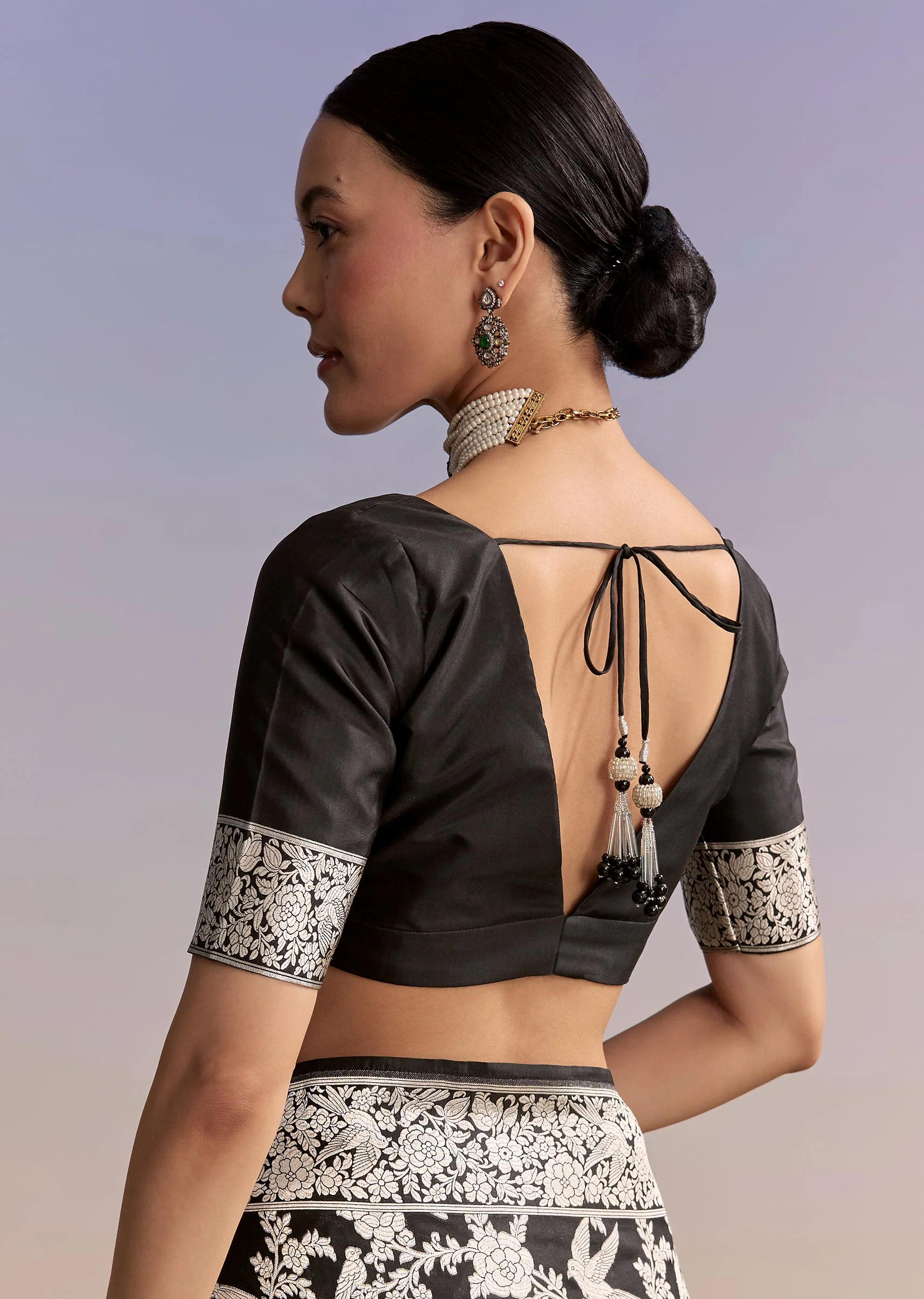 Black Regal Duo – Banarasi Silk Saree For Her And Embroidered Indo Western Set For Him - Image 7