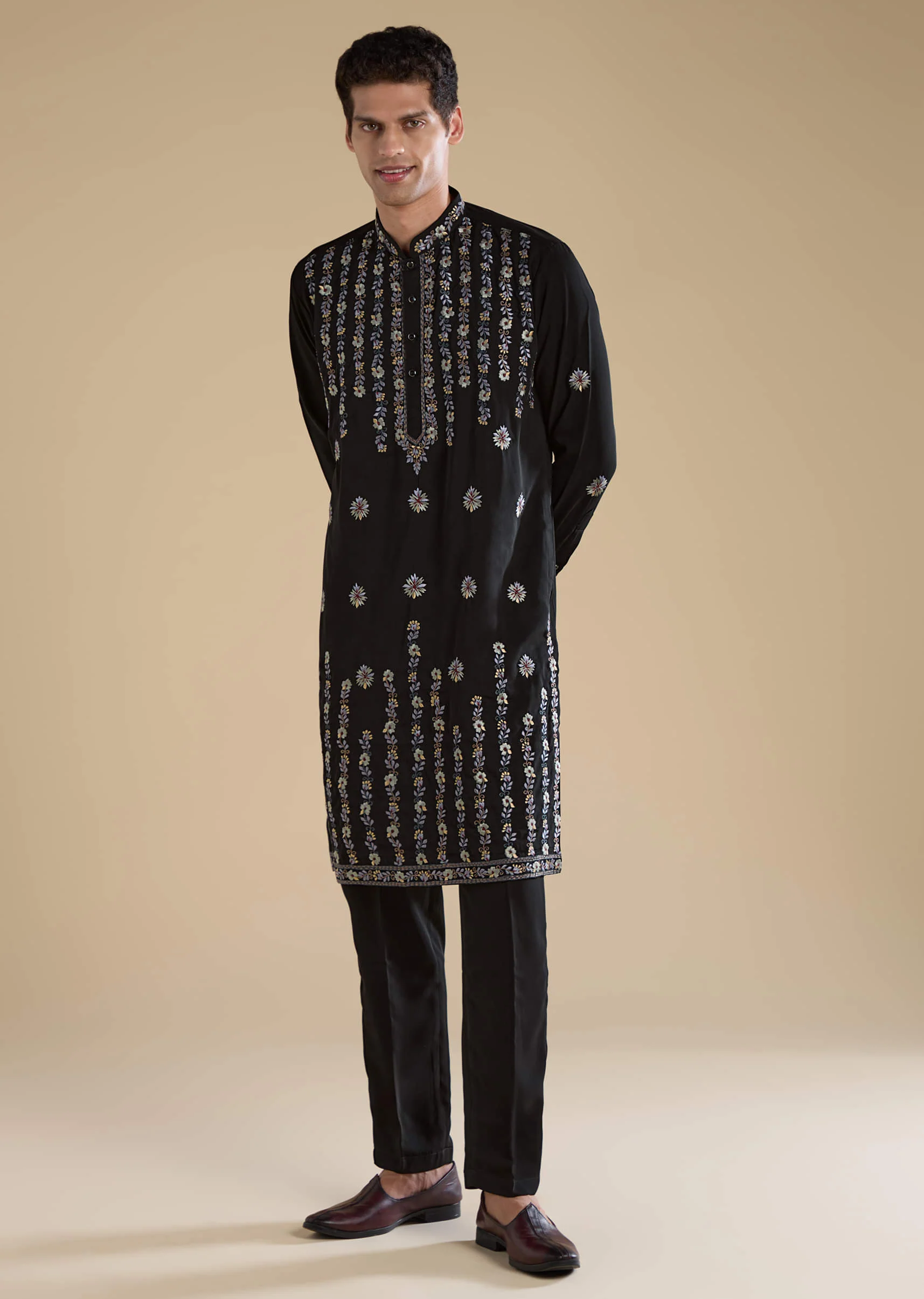 Black Resham Work Straight Mens Kurta and Pant Set - Image 4