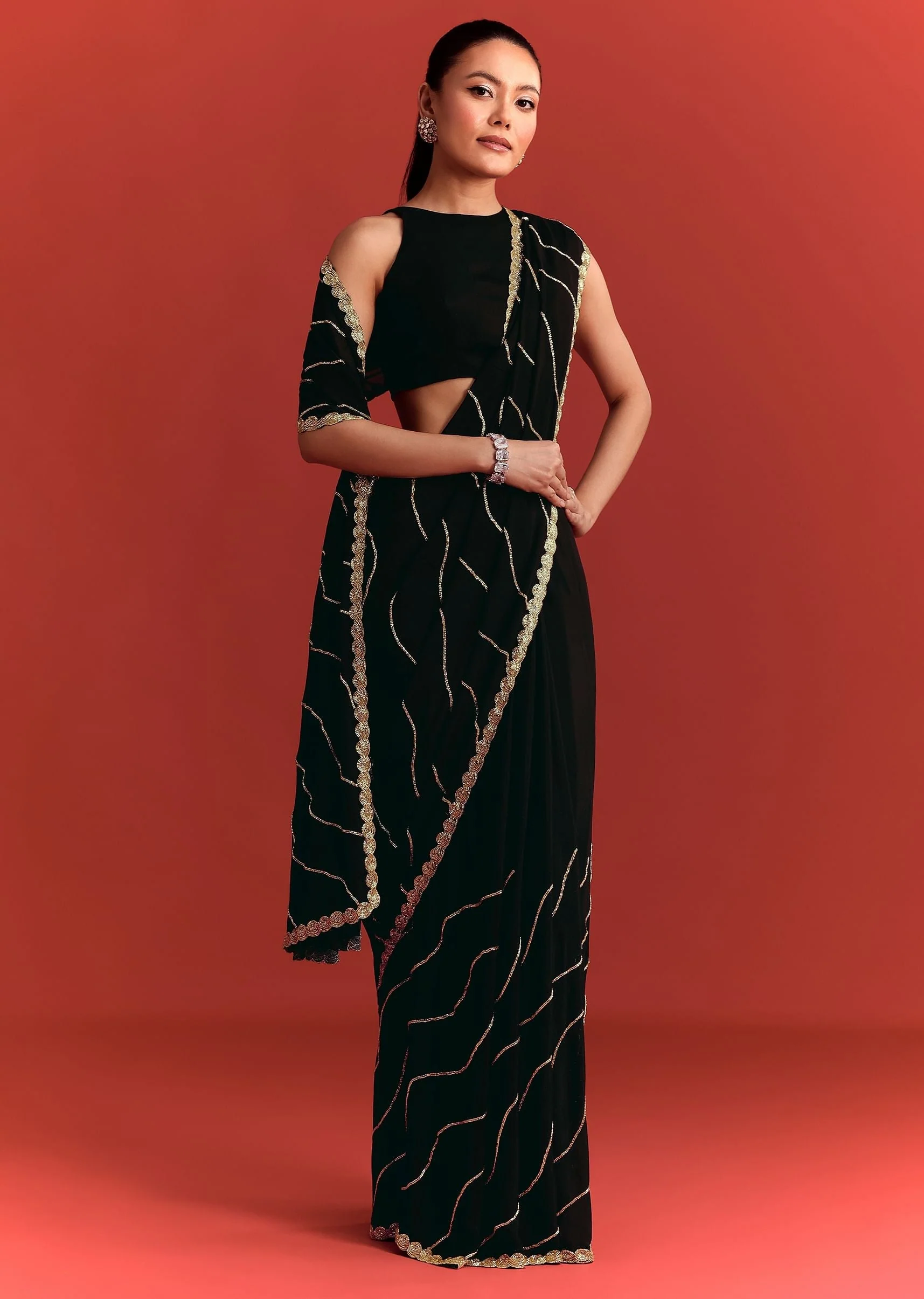 Black Saree In Chinnon With Cutdana Work - Image 5