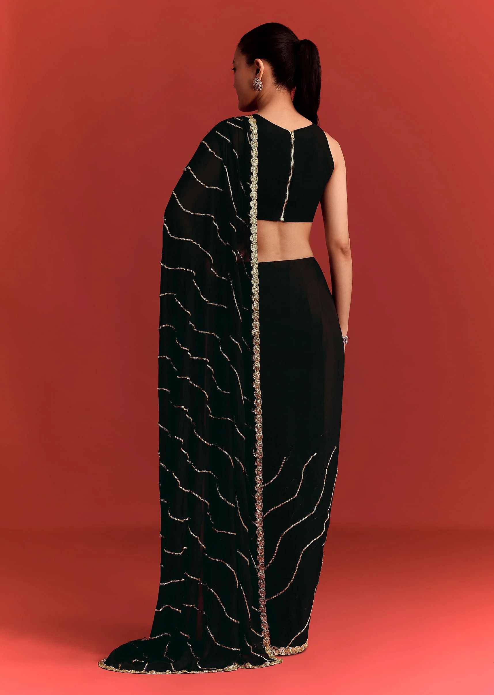 Black Saree In Chinnon With Cutdana Work - Image 6