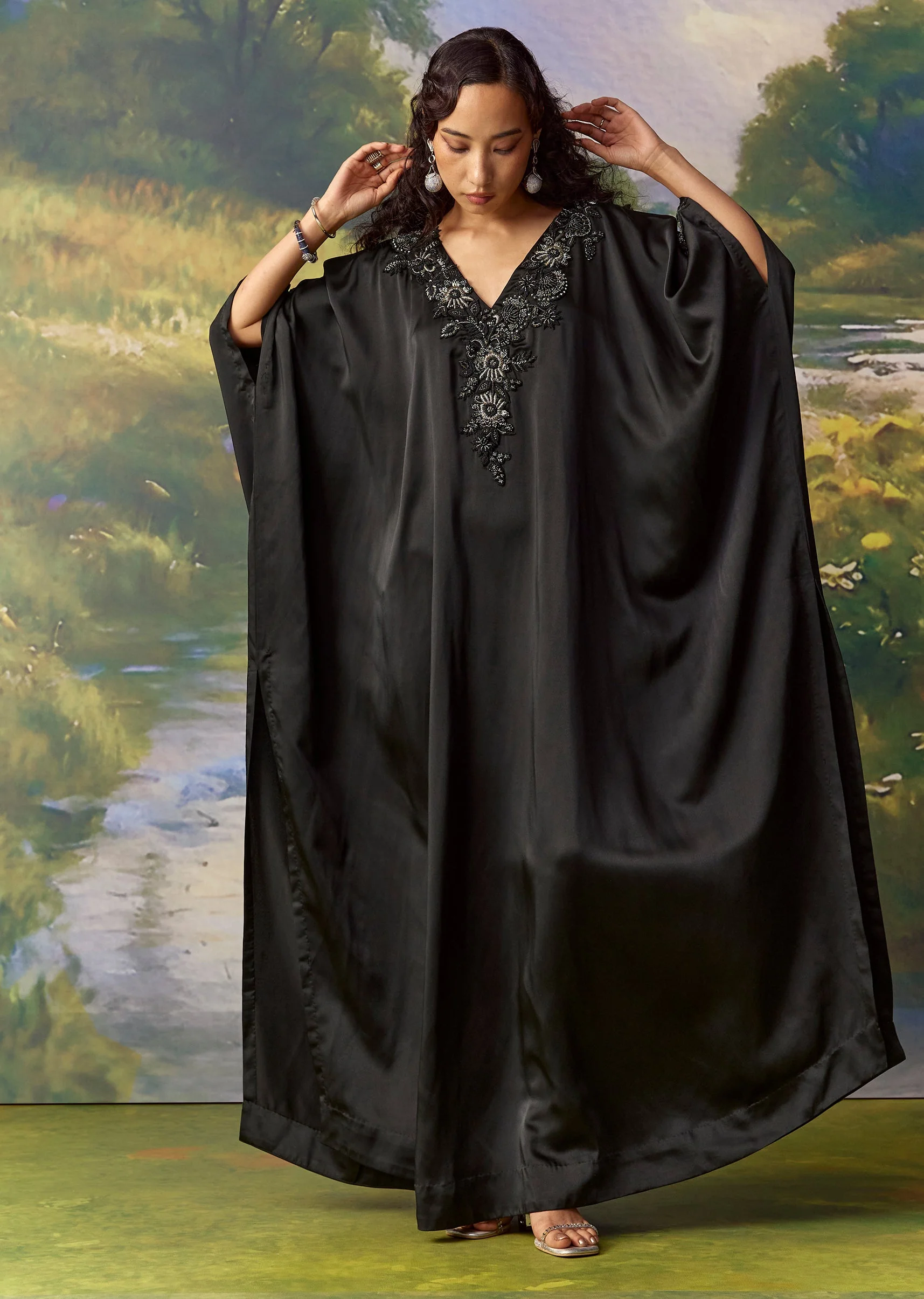 Black Satin Cutdana Embellished Kaftan - Image 4