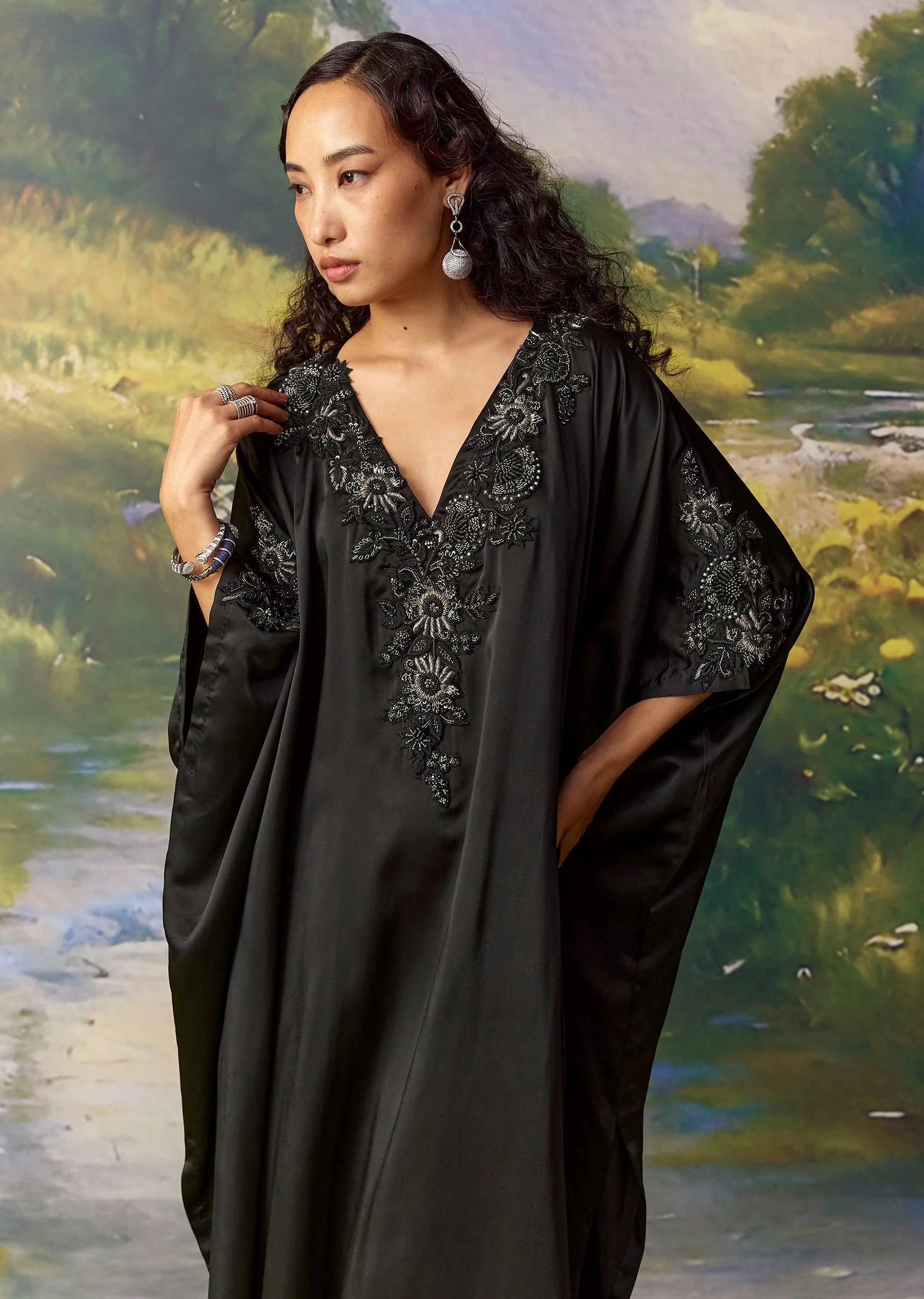 Black Satin Cutdana Embellished Kaftan - Image 5