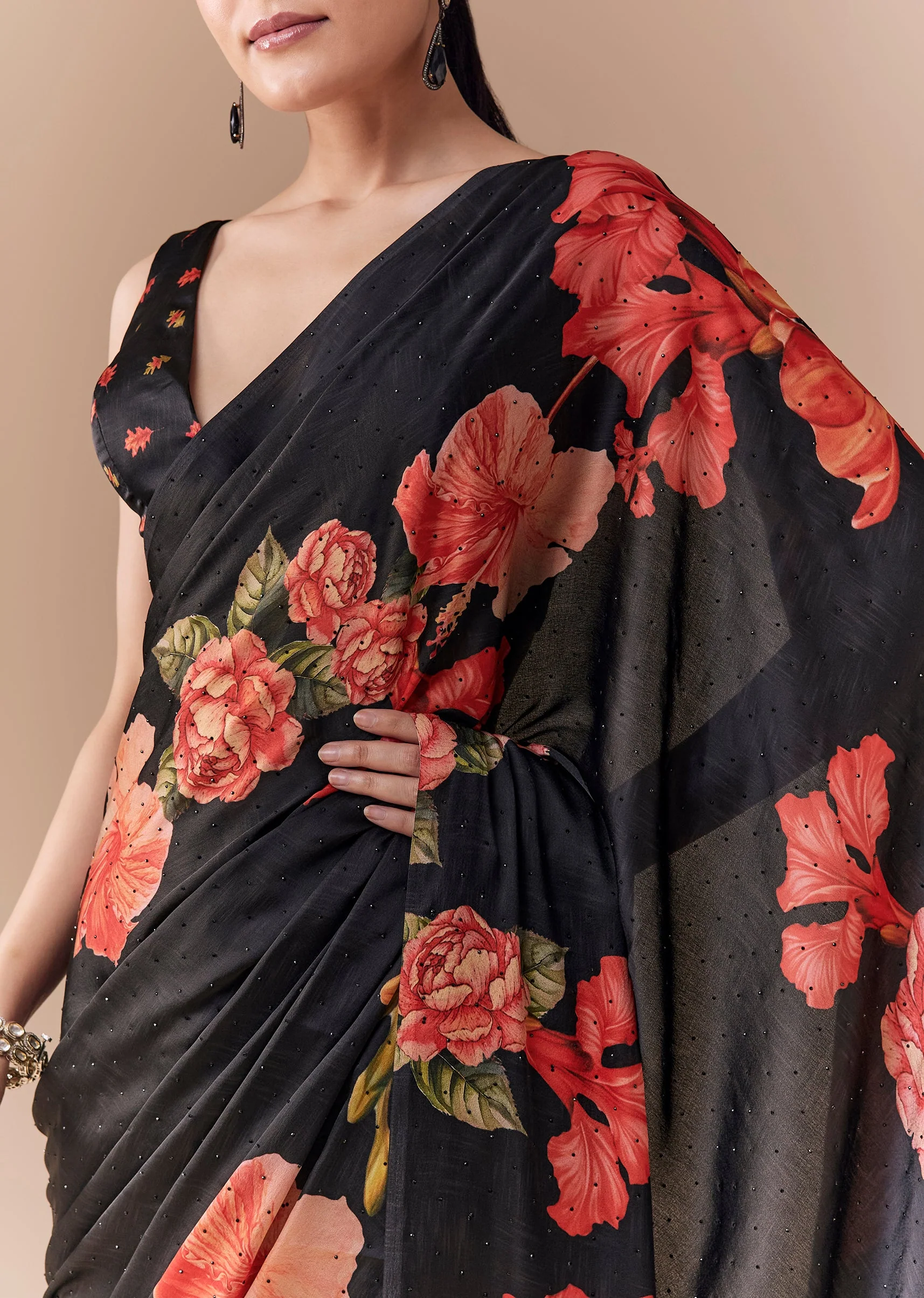 Black Satin Floral Printed Saree with Blouse Fabric - Image 2