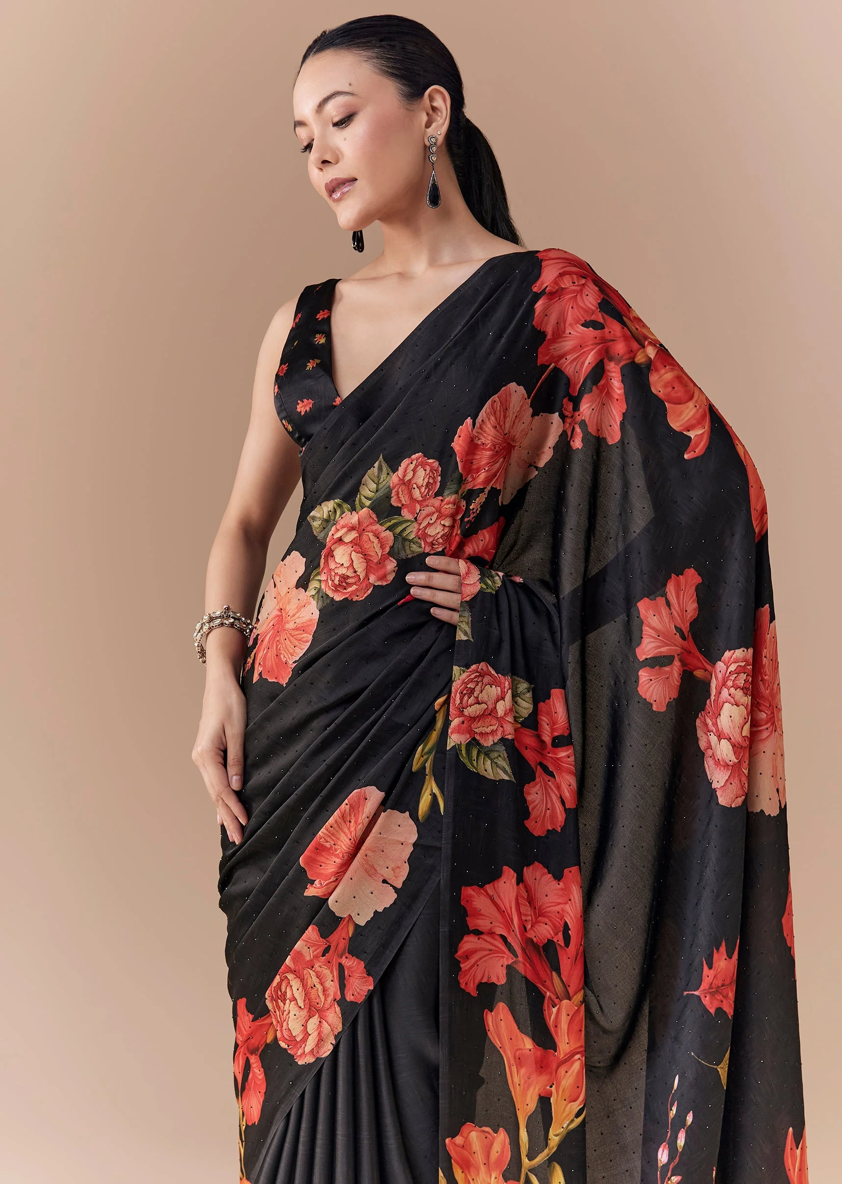 Black Satin Floral Printed Saree with Blouse Fabric - Image 5