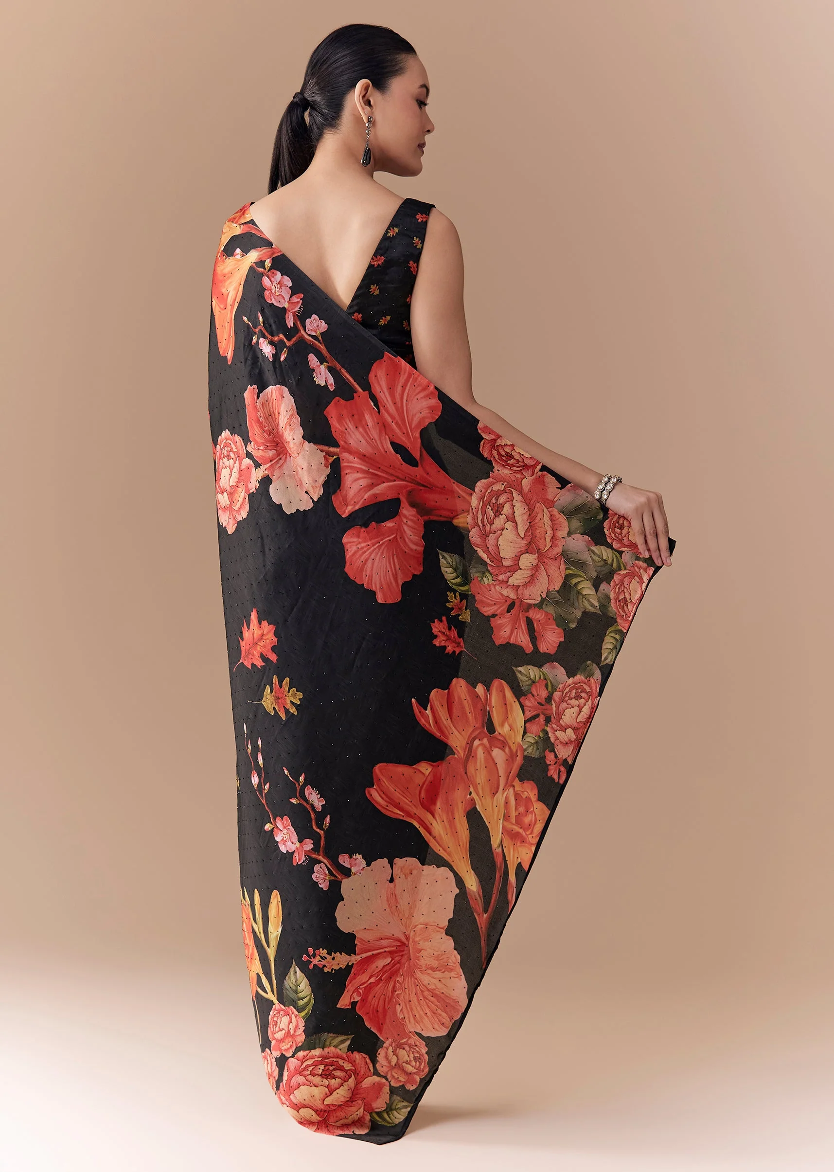 Black Satin Floral Printed Saree with Blouse Fabric - Image 6