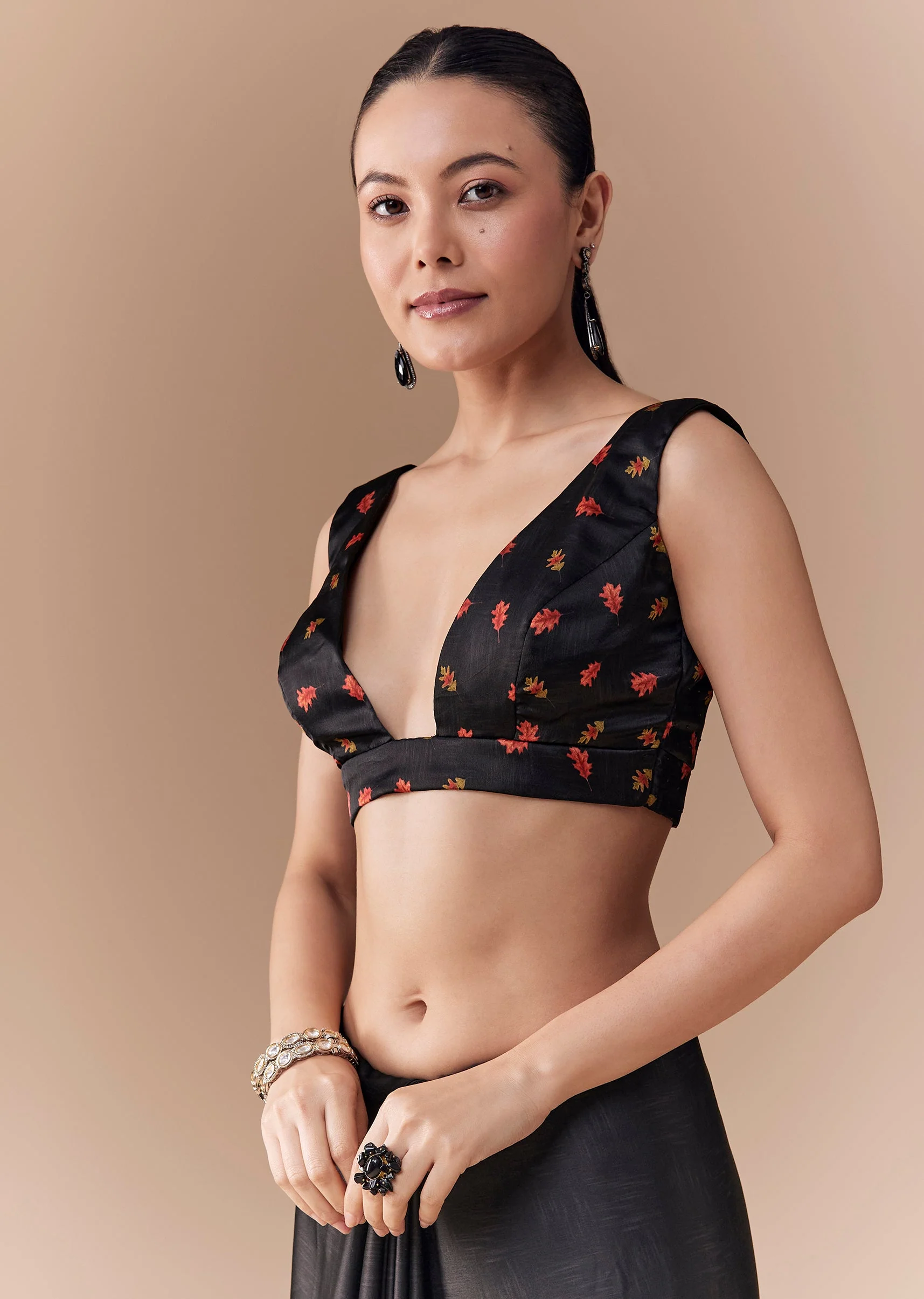 Black Satin Floral Printed Saree with Blouse Fabric - Image 7