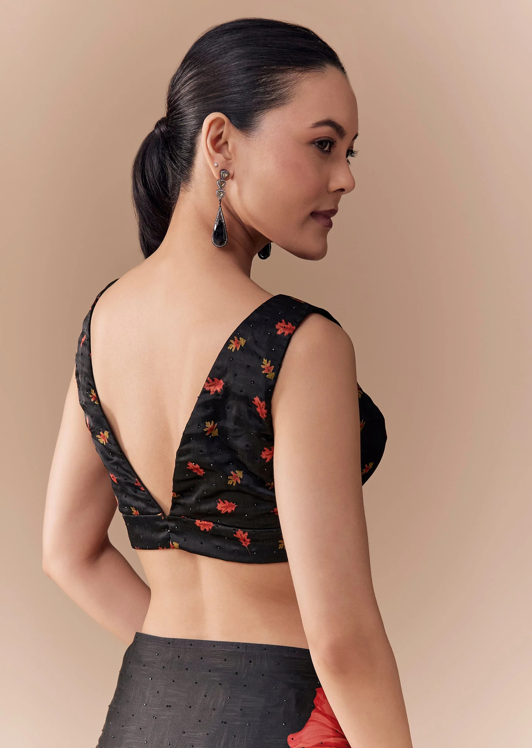 Black Satin Floral Printed Saree with Blouse Fabric - Image 8