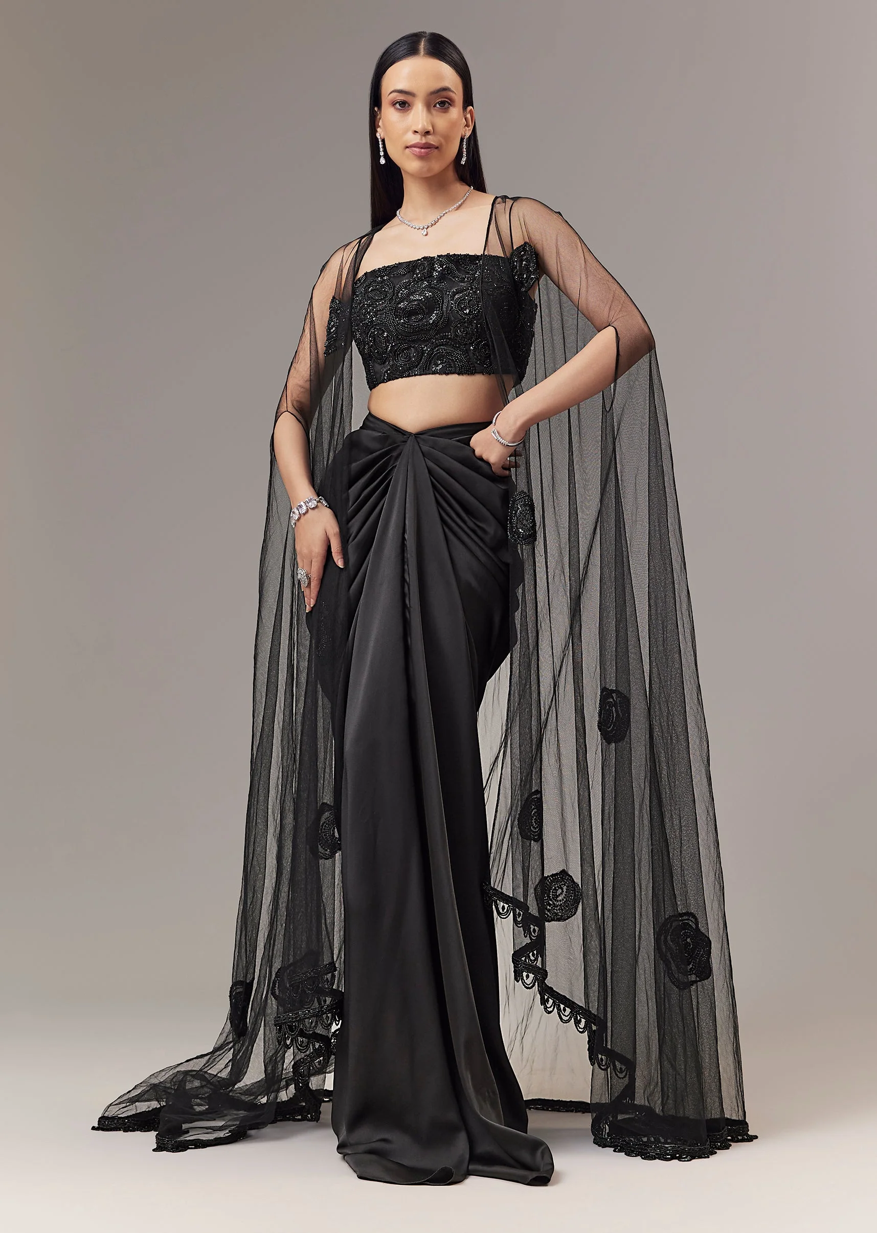 Black Satin Indo Western Crop Top And Draped Skirt Set With Cape - Image 4