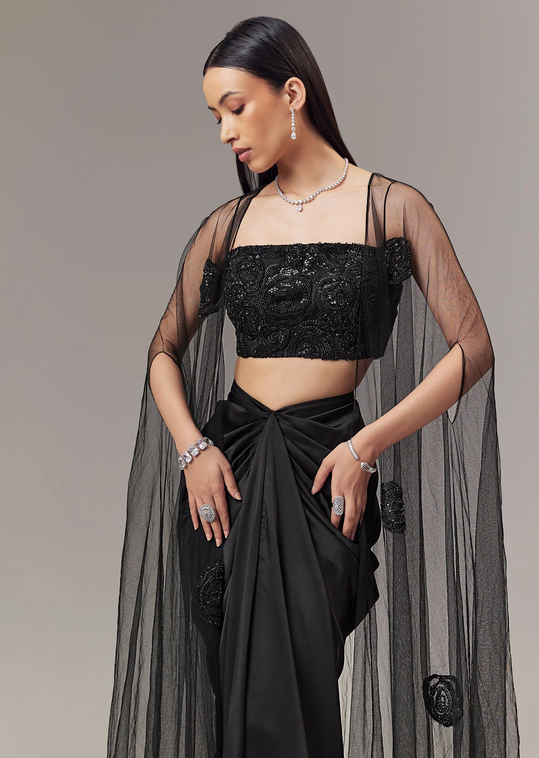 Black Satin Indo Western Crop Top And Draped Skirt Set With Cape - Image 5