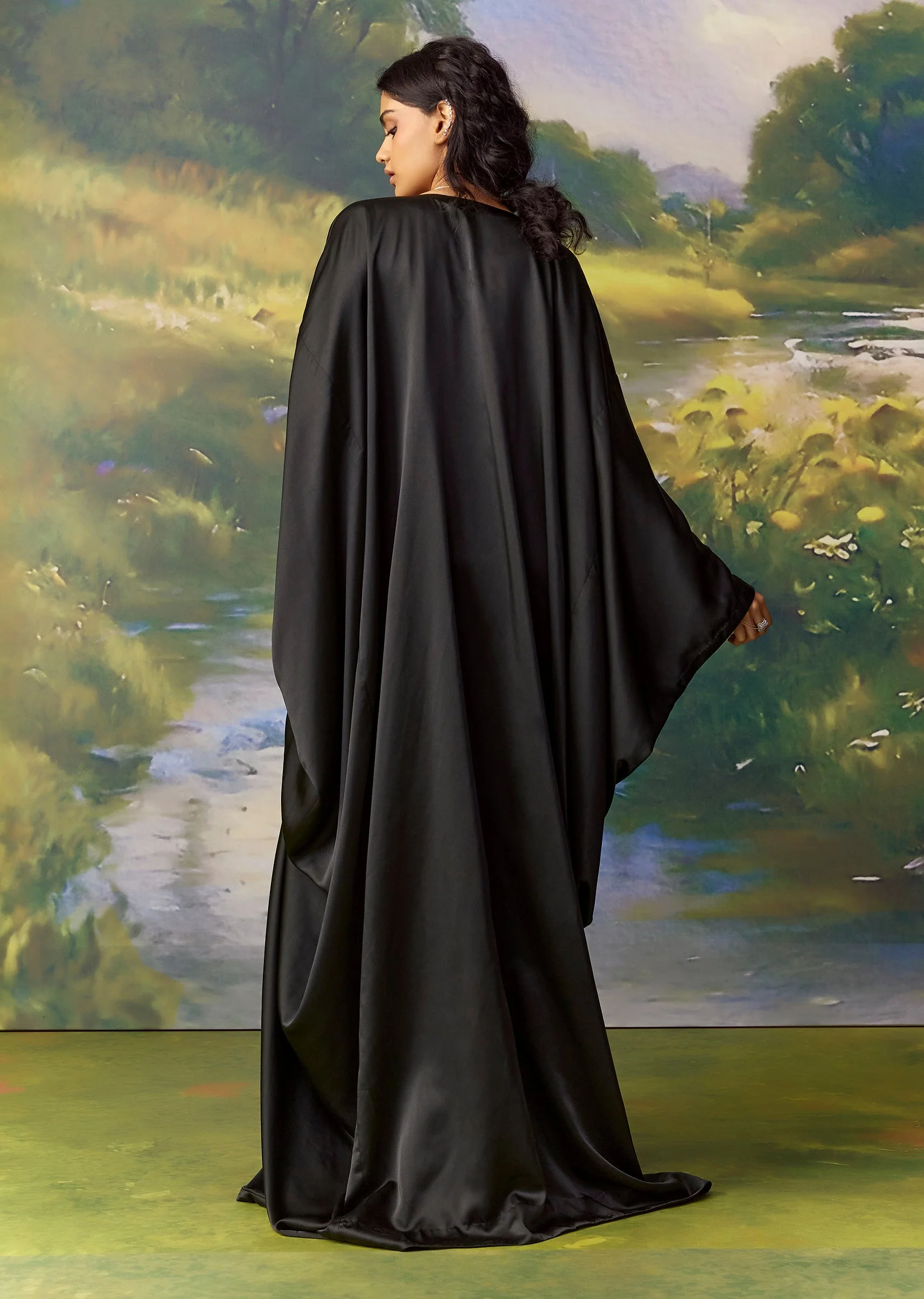 Black Satin Metal Embellished Kaftan - Image 2