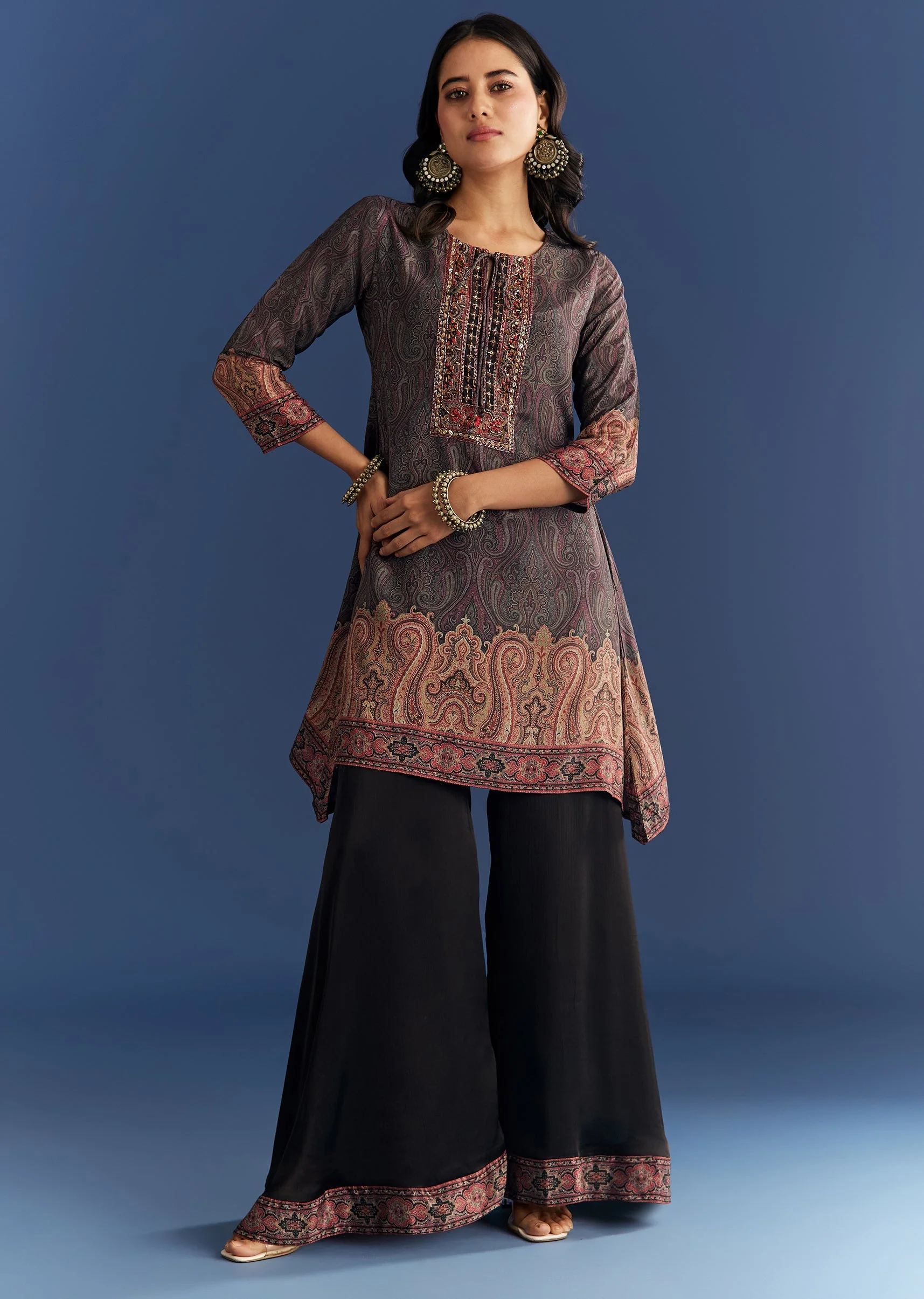 Black Satin Paisley Print Kurta Sharara With Cut Dana Embroidery - Image 3