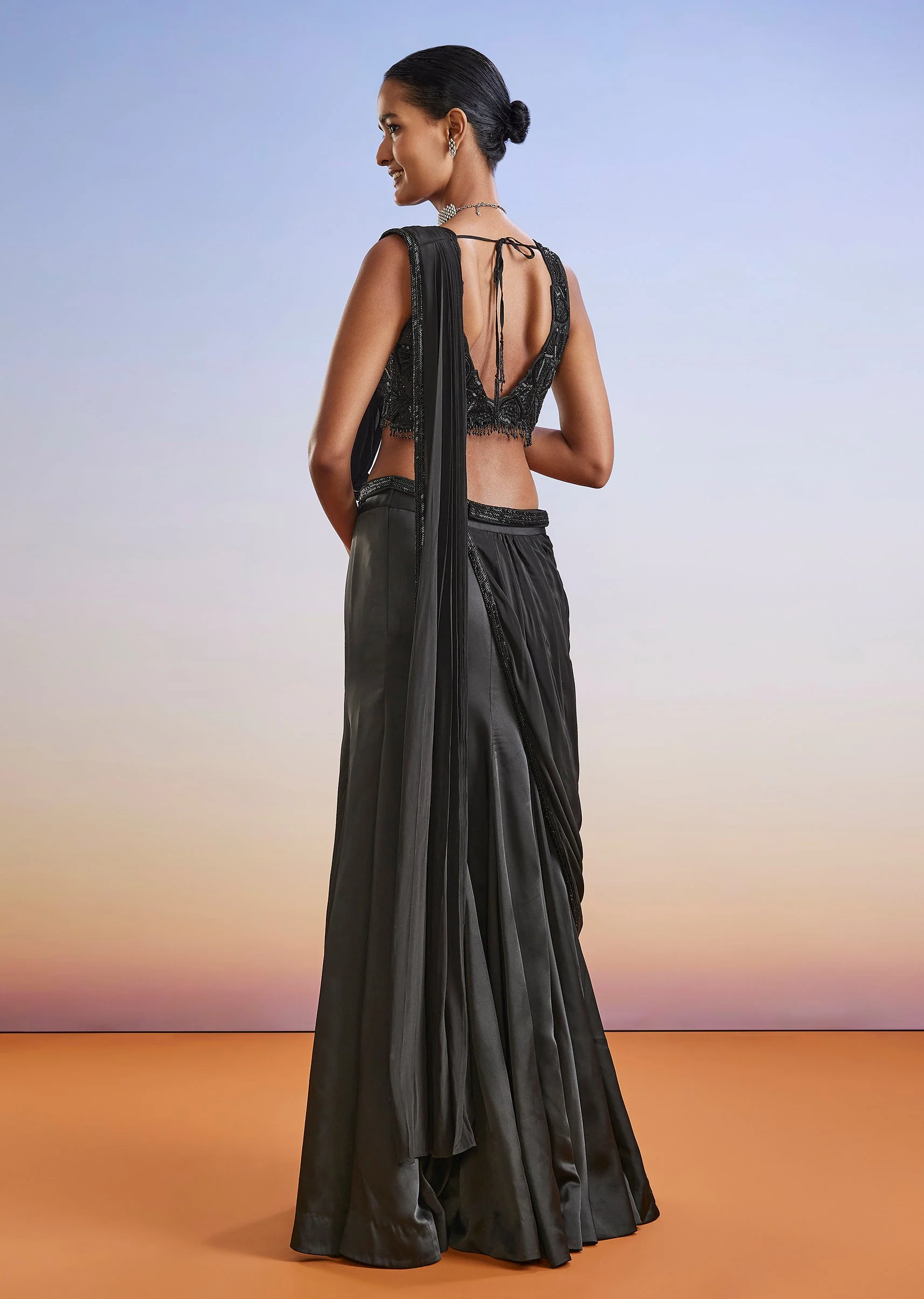 Black Satin Ready Pleated Saree With Embroidered Blouse And Belt - Image 5