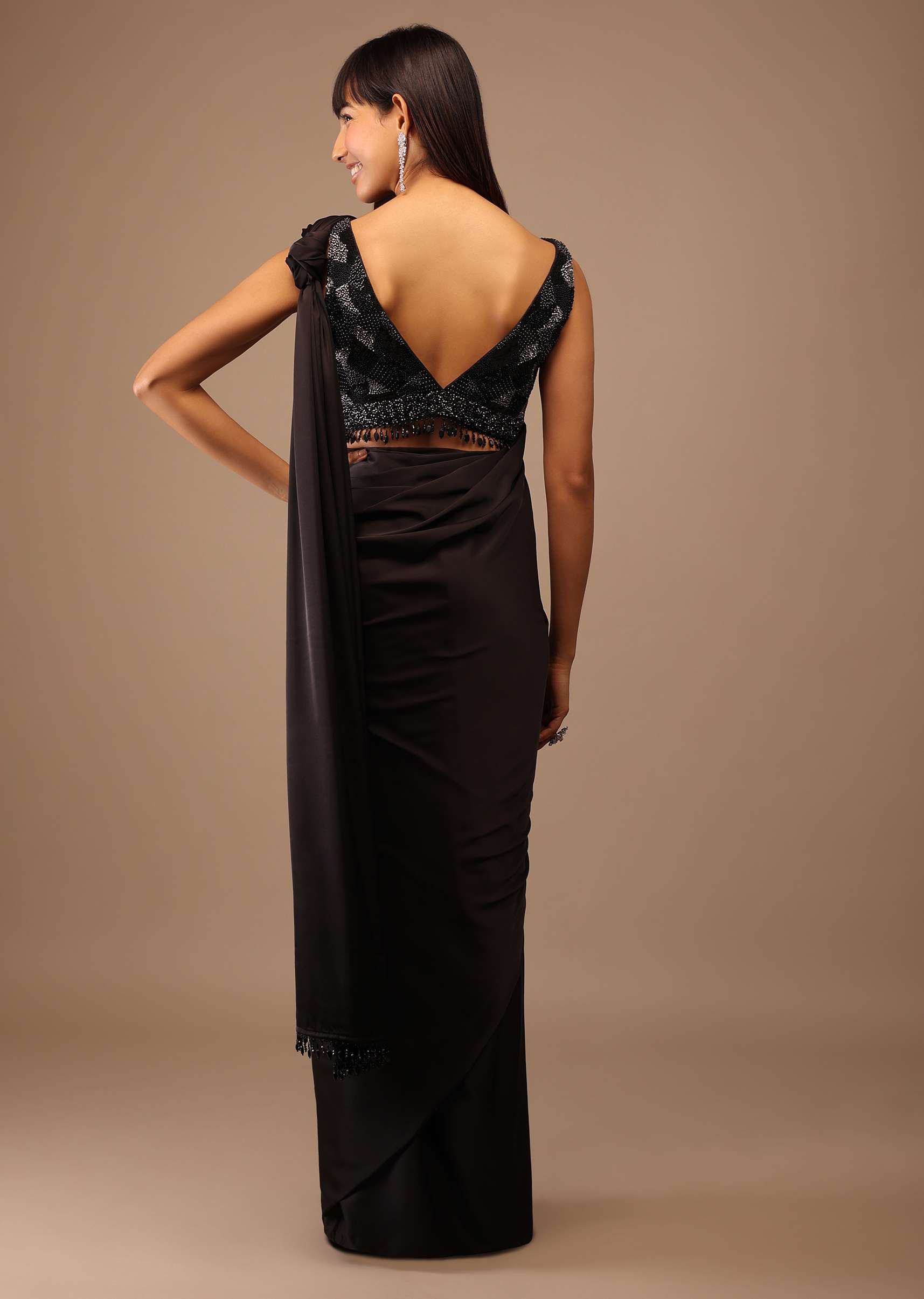 Black Satin Saree With Hand Embroidered Blouse With Fringes On The Hem - Image 2
