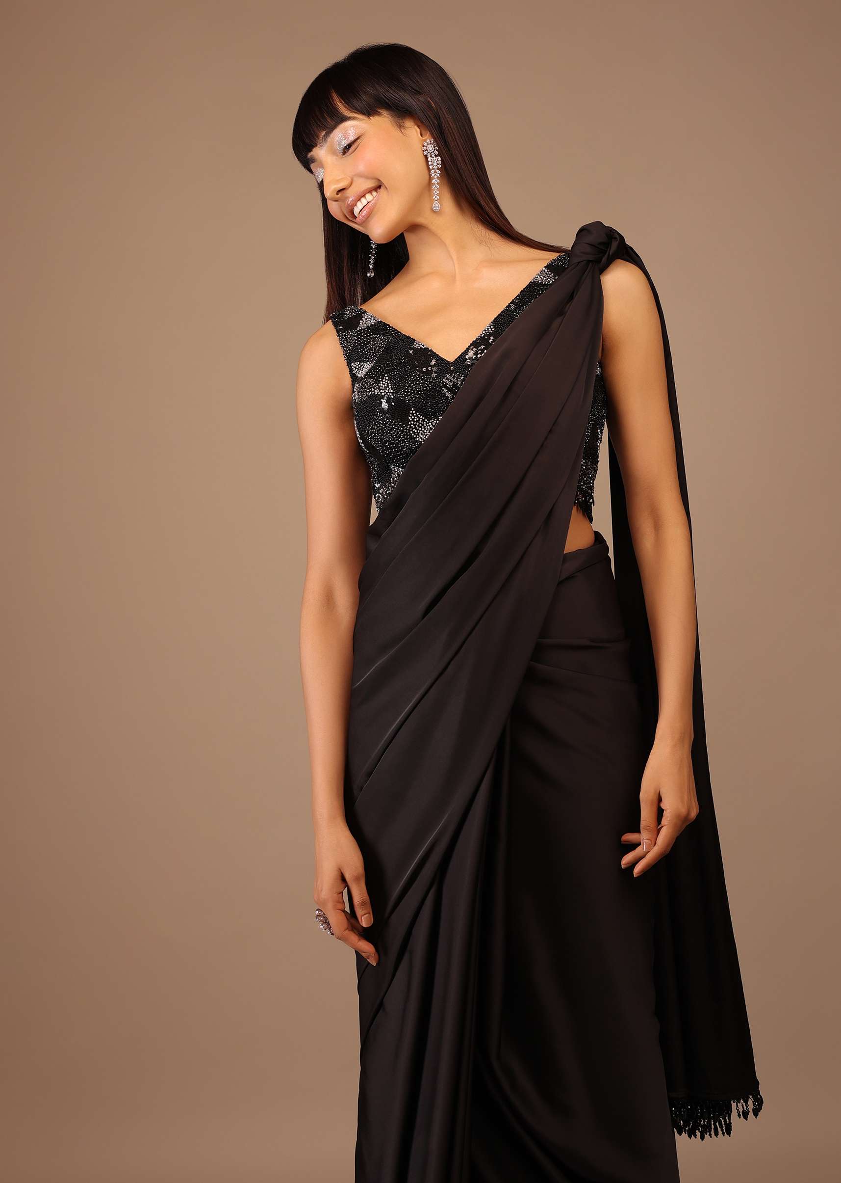 Black Satin Saree With Hand Embroidered Blouse With Fringes On The Hem - Image 5