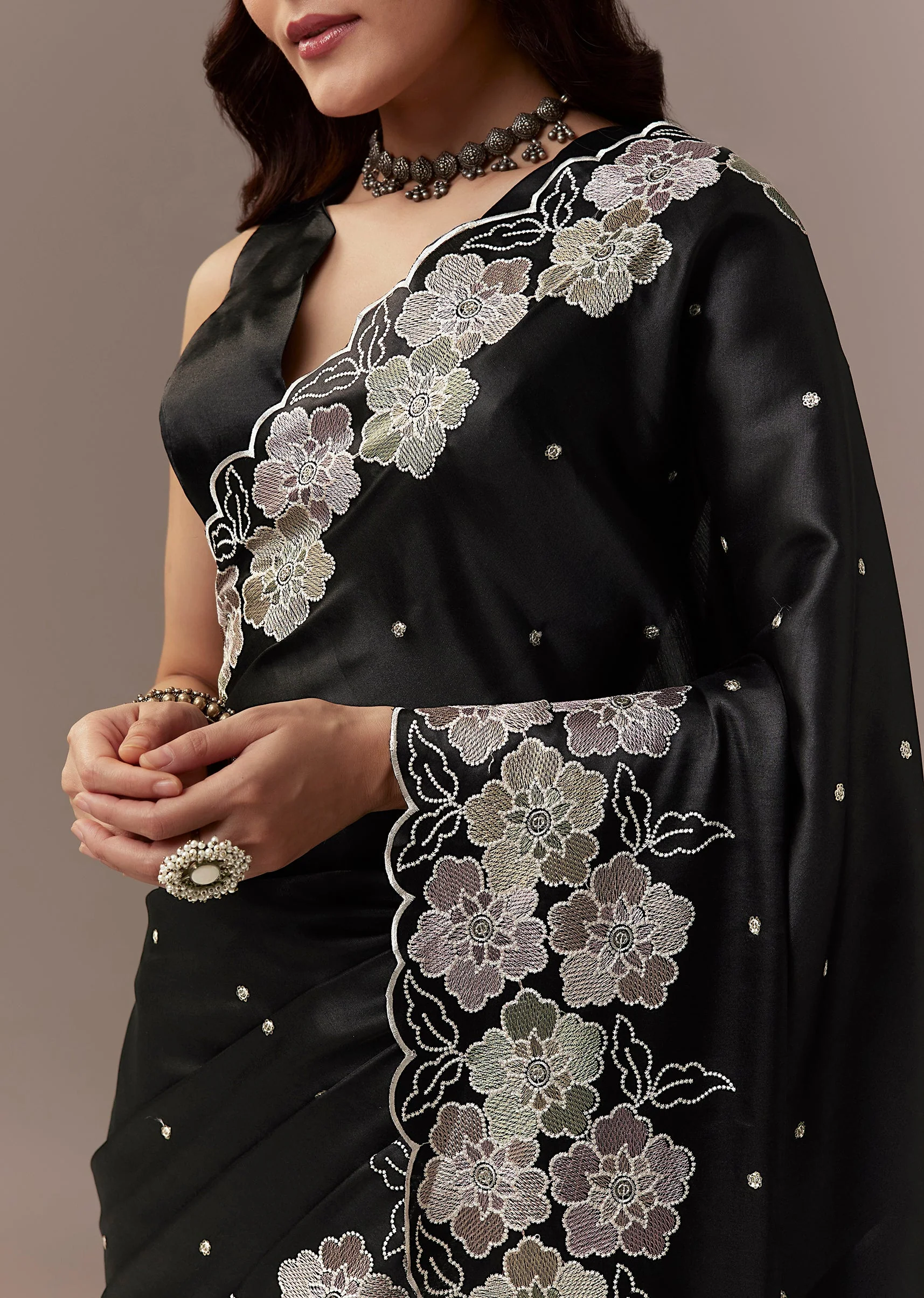 Black Satin Saree With Resham Thread Floral Embroidery - Image 2