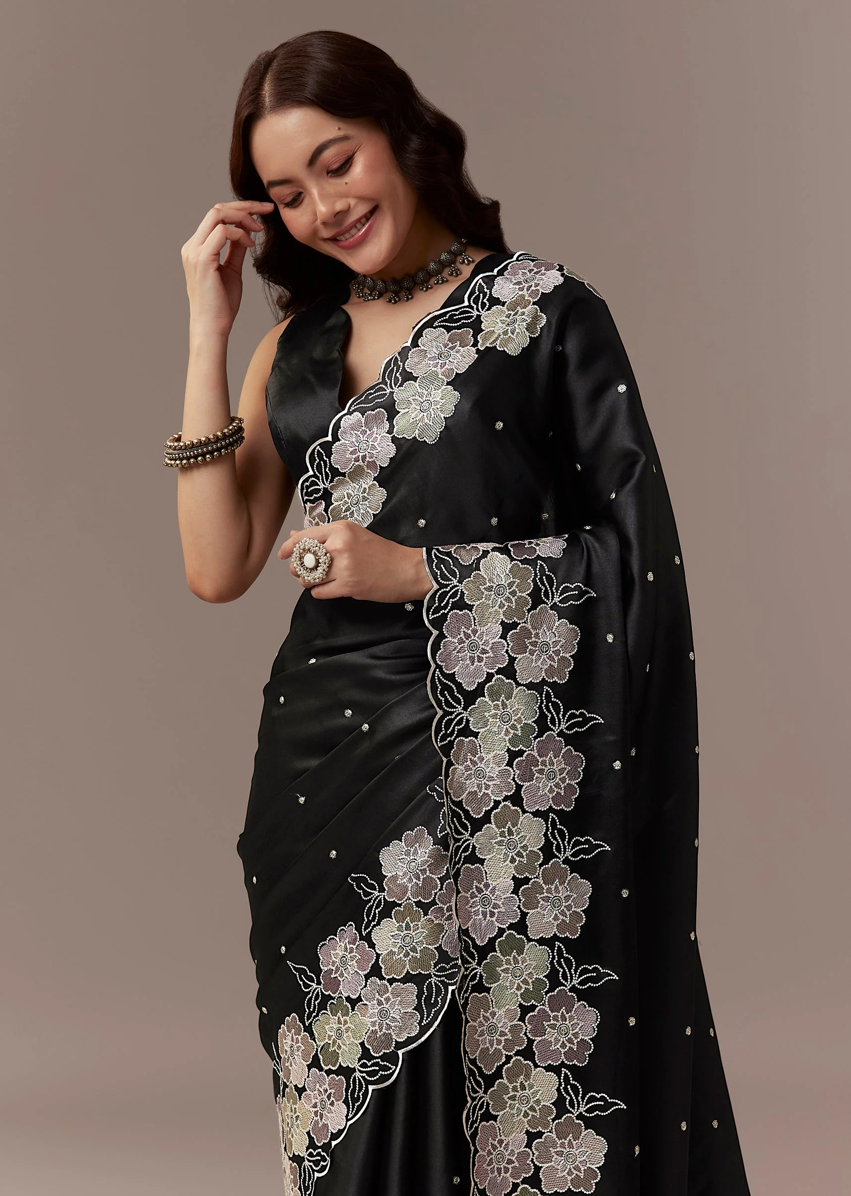 Black Satin Saree With Resham Thread Floral Embroidery - Image 5