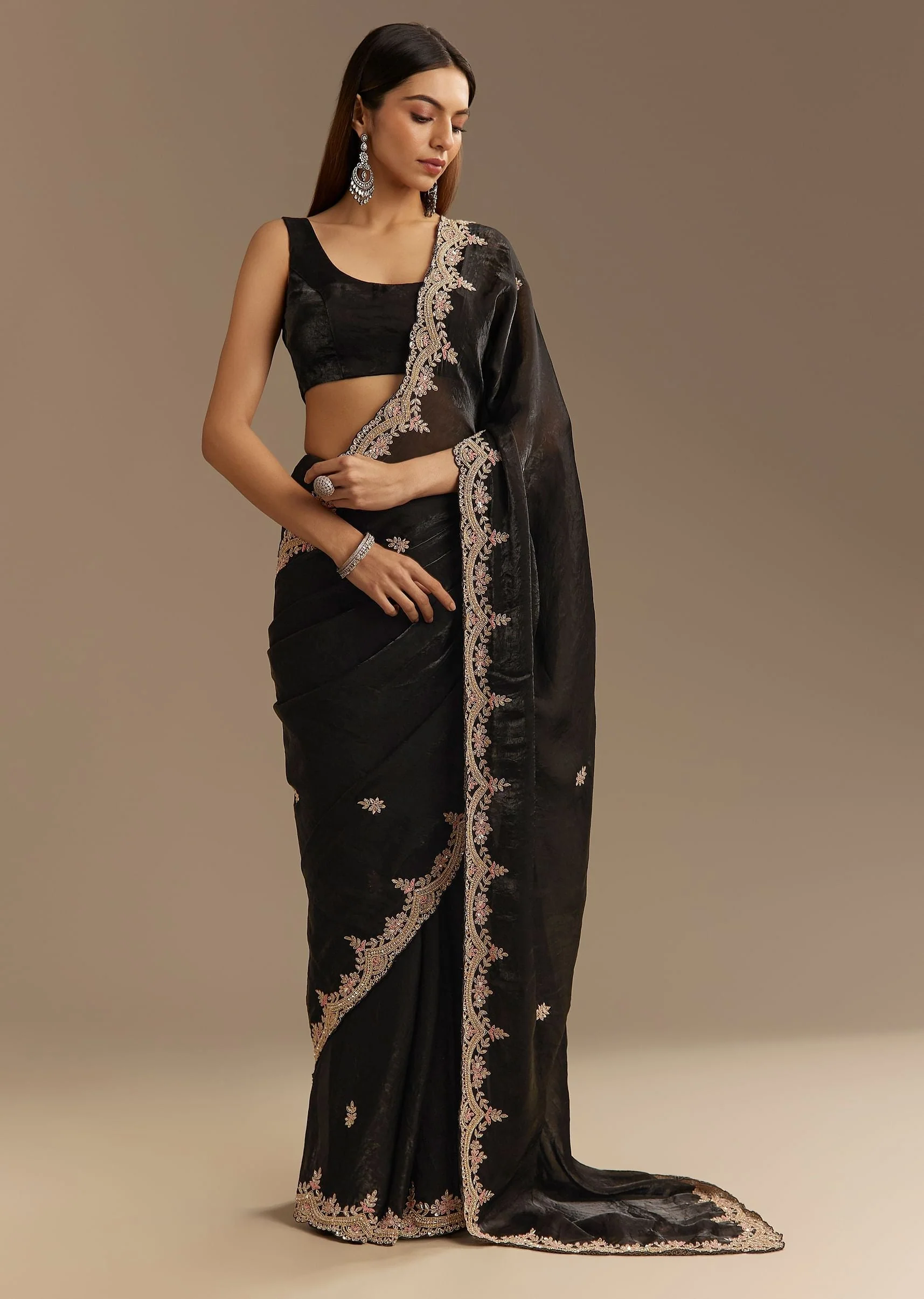 Black Satin Saree With Zardosi Sequins And Scallop Border - Image 3