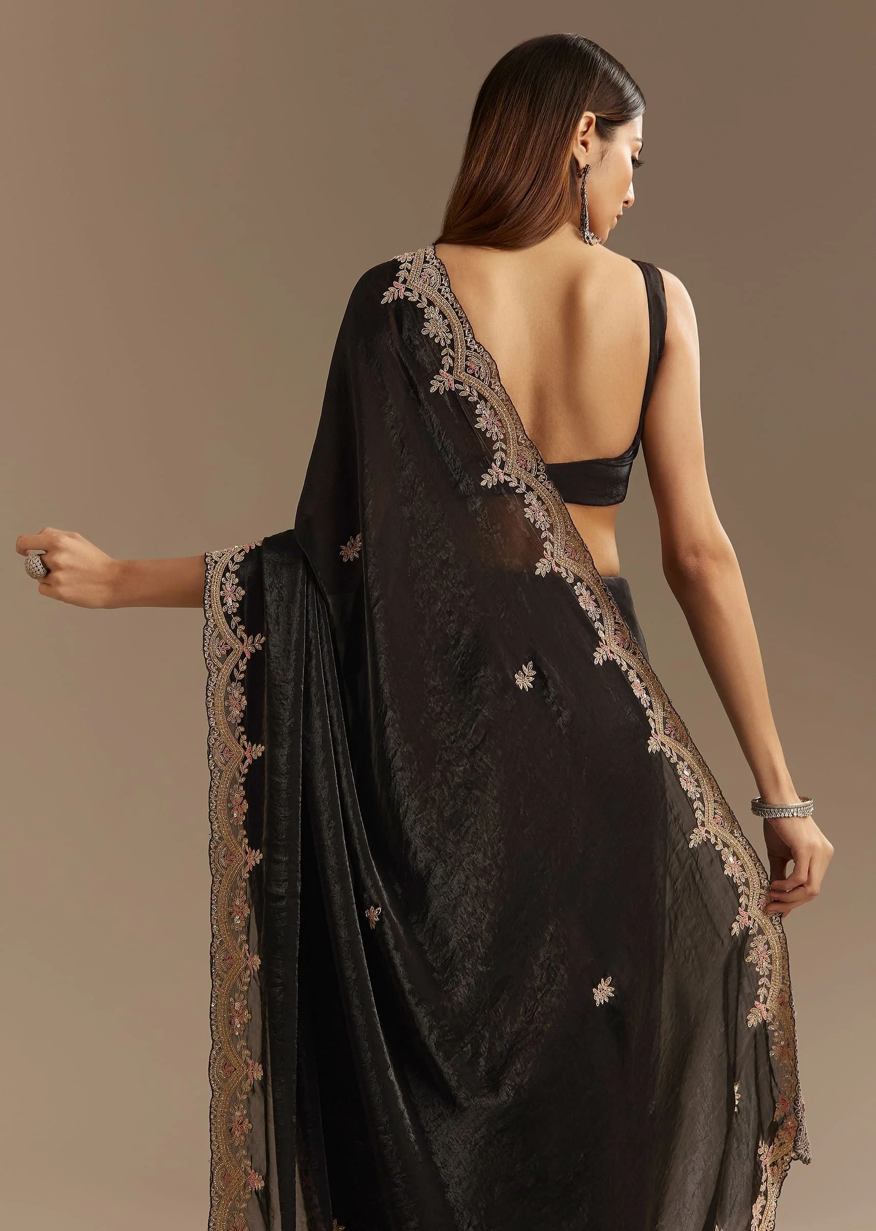 Black Satin Saree With Zardosi Sequins And Scallop Border - Image 4