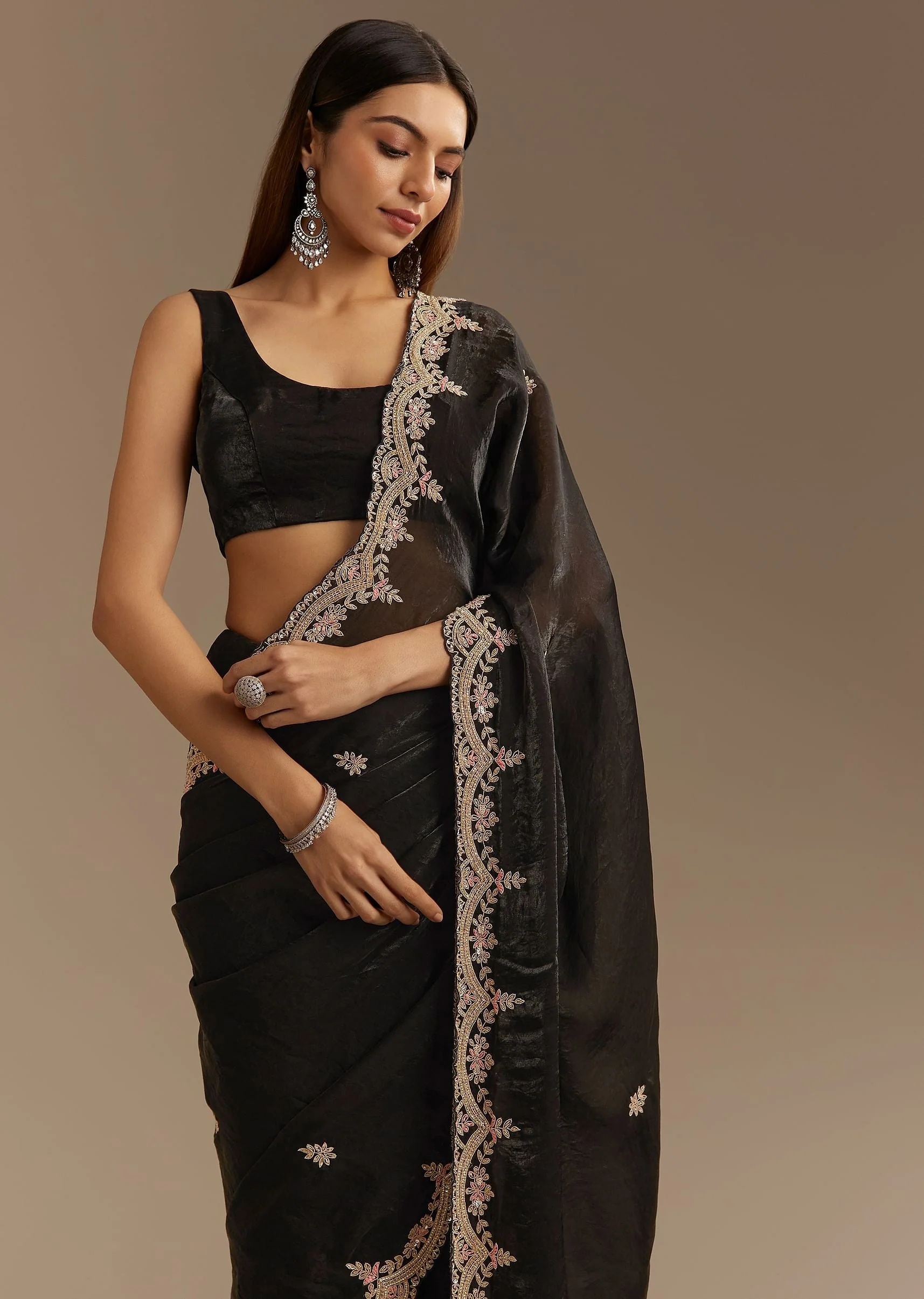 Black Satin Saree With Zardosi Sequins And Scallop Border - Image 5