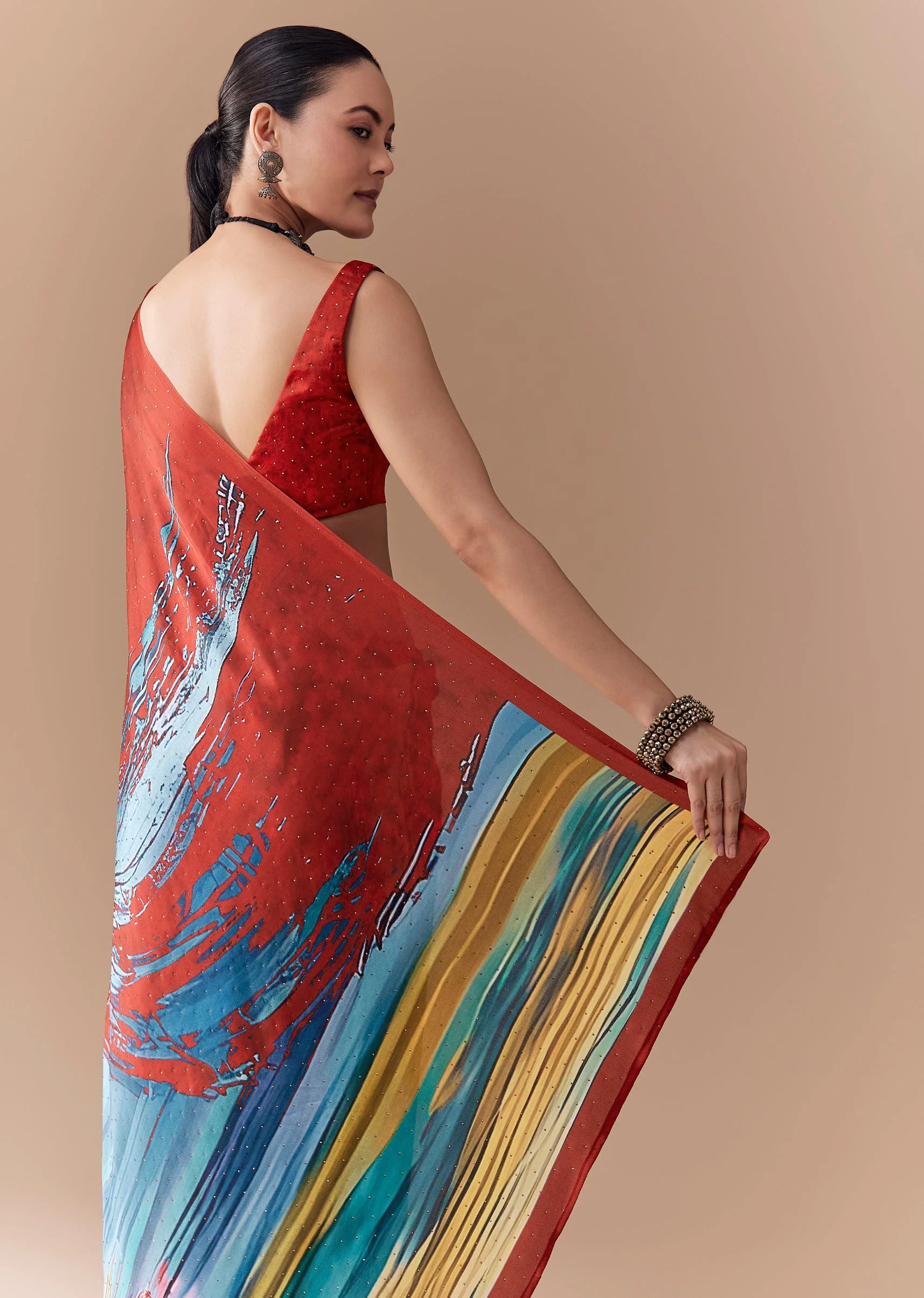 Black Satin Striped Printed Saree with Blouse Fabric - Image 6