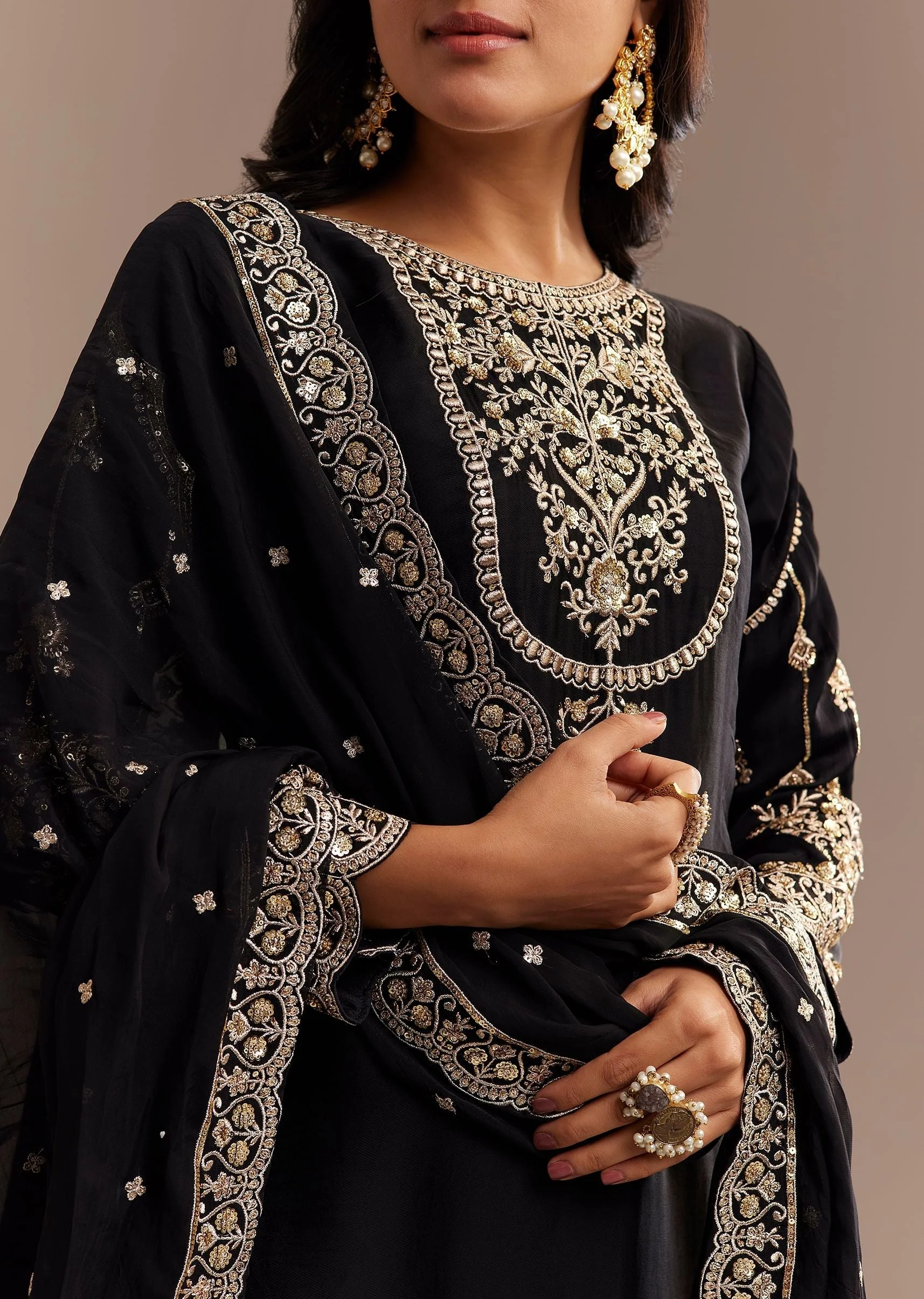 Black Satin Zari Embroidered Dhoti Kurta Set - Image 2