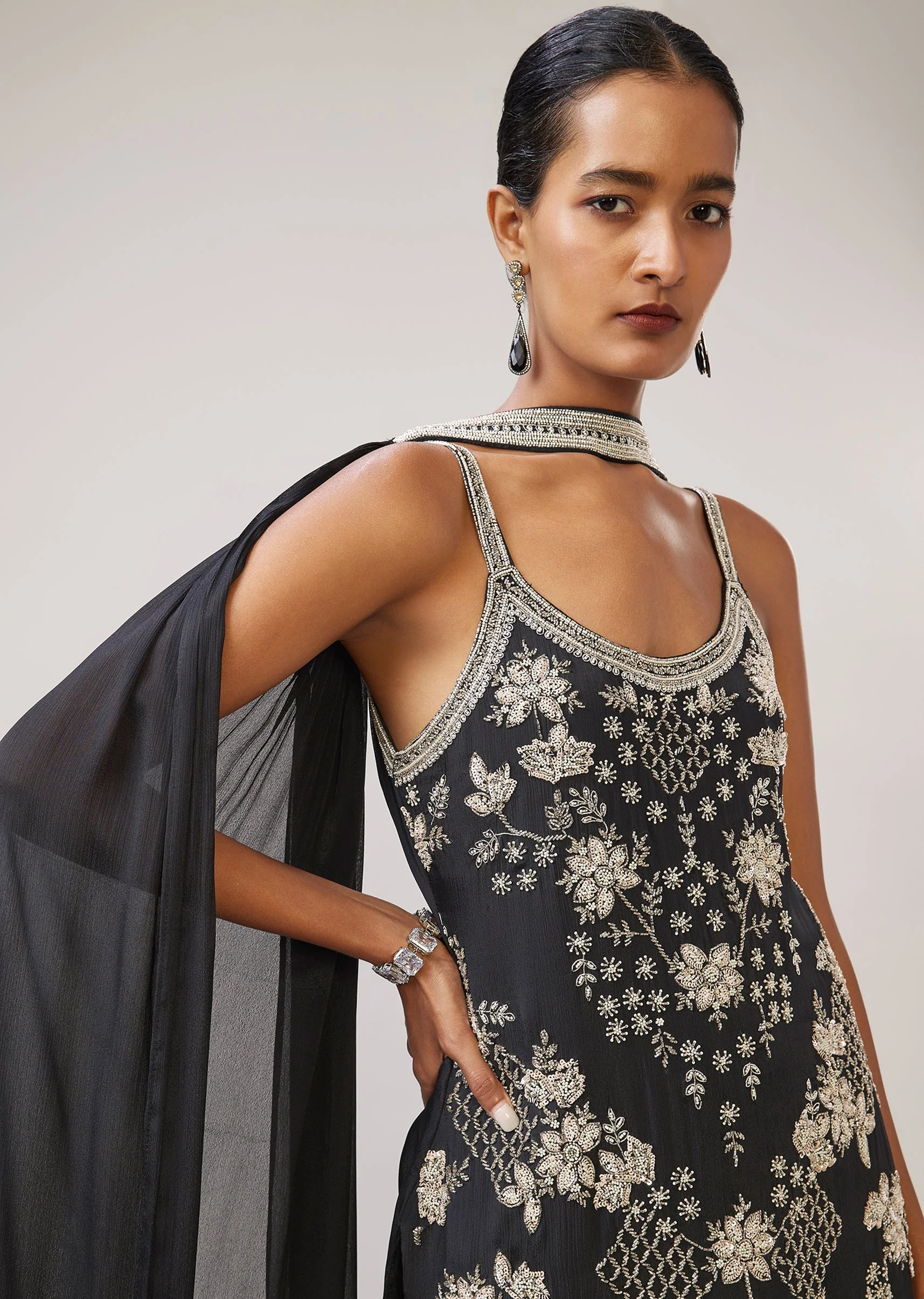 Black Sequin Cut Dana Strap Kurta Palazzo Set With Dupatta - Image 2