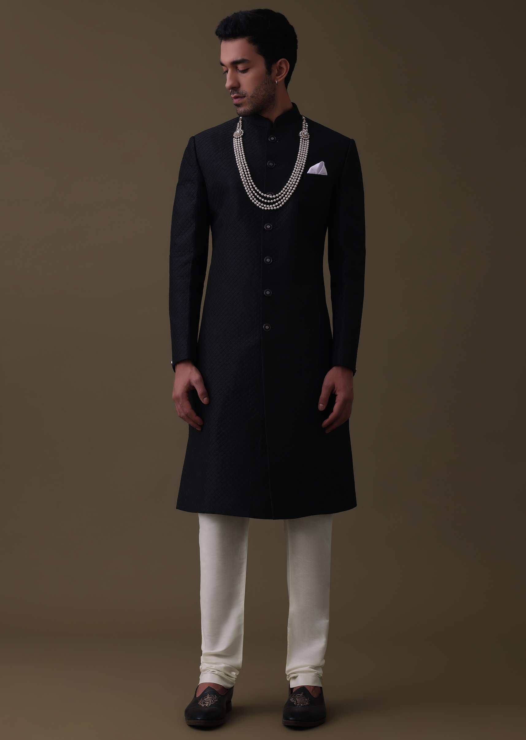 Black Sherwani Set In Silk With Embroidered Dupatta And Mala - Image 5