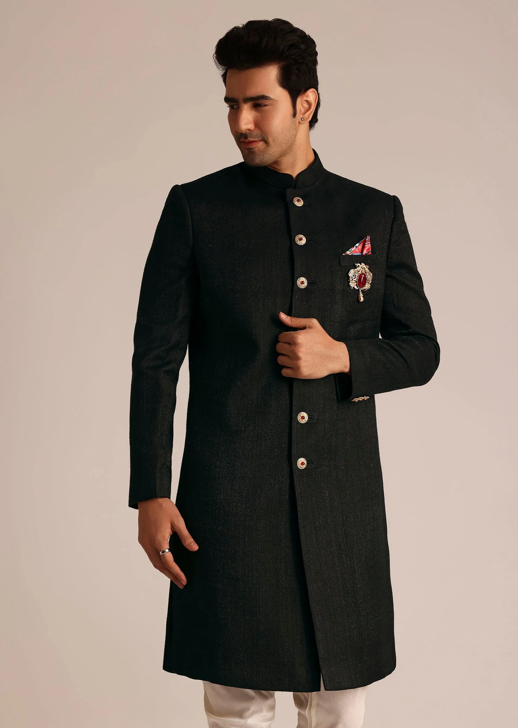 Black Sherwani Set With Contrasting Bottom - Image 3